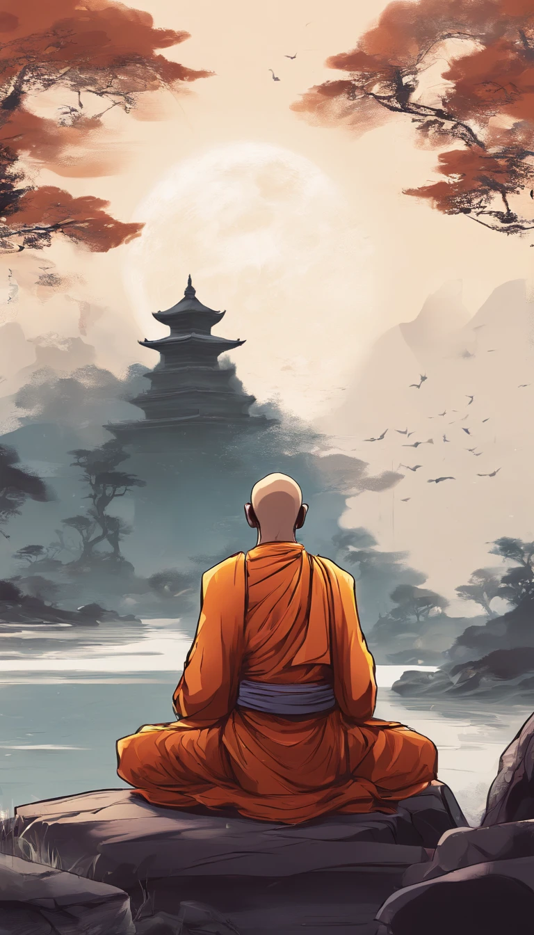 An old monk sits on a large rock,Extremely old monk,(Pray in a lotus pose),Buddhist monk meditation, On the road to enlightenment, Man has a deep connection with God, Zen meditation,brown robe,(Rear view),from back,rear angle,Big light,Buddhism,Beautiful image,epic cinematic shot,Ultra photo realsisim,8K,