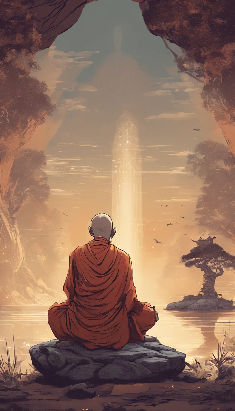 An old monk sits on a large rock,Extremely old monk,(Pray in a lotus pose),Buddhist monk meditation, On the road to enlightenment, Man has a deep connection with God, Zen meditation,brown robe,(Rear view),from back,rear angle,Big light,Buddhism,Beautiful image,epic cinematic shot,Ultra photo realsisim,8K,