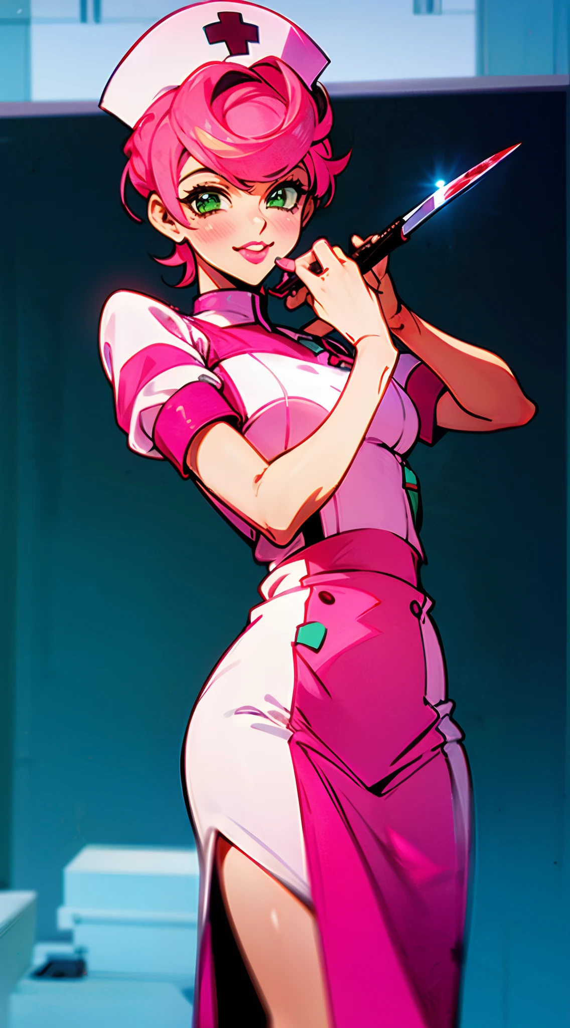 trishuna, trishjojo, trish una, solo, female focus, 1girl, girl, pink nurse outfit, sexy nurse, nurse, nurse hat, short nurse dress, doctor’s office, needle, smile, slight blush, pink lipstick, full lips, crazy yandere nurse, yandere, crazy nurse, in love, hospital, blood, bloody, knife in hand, knife, green eyes