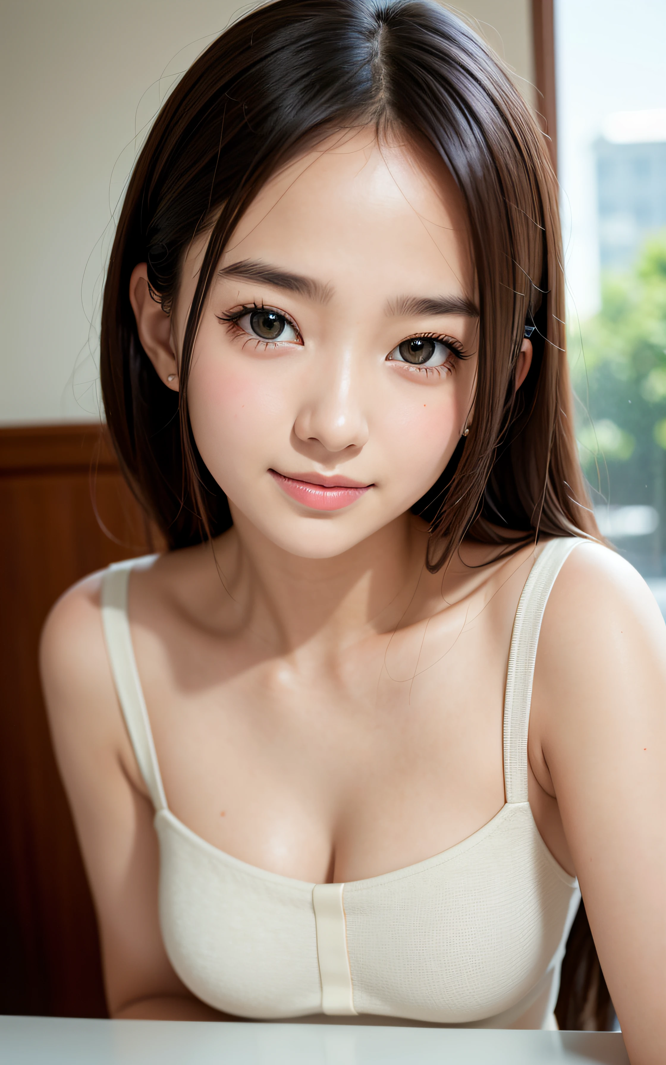 (ung girl), Extremely cute face, Amazing face and eyes, (Highly detailed eyes, Highly detailed face), fresh, Very clean appearance, (Hyper-realistic, hight resolution), (Best Quality:1.4), Raw photo, (Realistic, Photorealsitic:1.37), Professional Photography , (cleavage:1.2), (Bare shoulders), Smile slightly, (Staring at me), Bedroom, girl portrait , 15