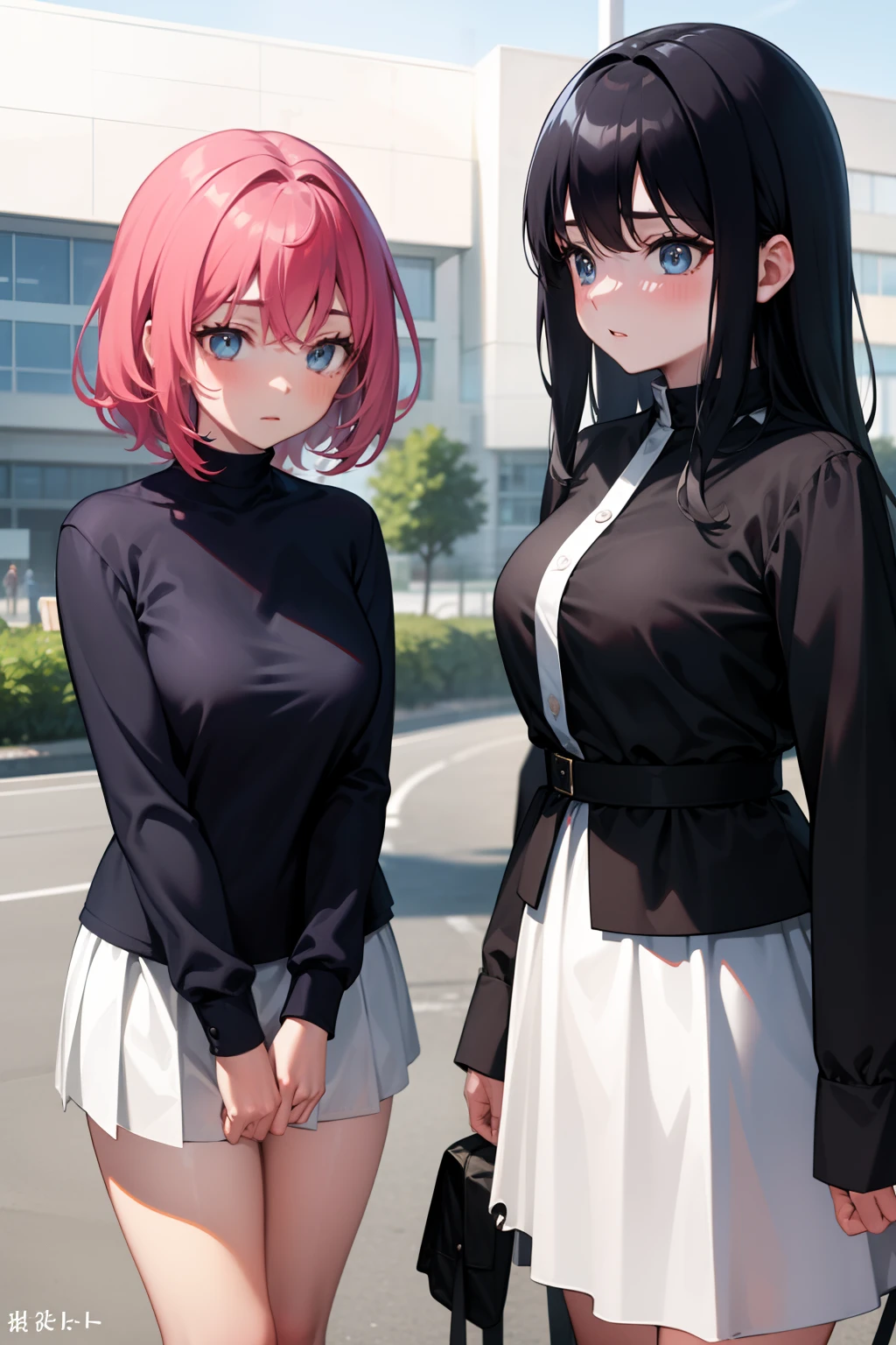 2girls, Senior sister stopped senior sister,One of them had flushed cheeks,On campus, Wear everyday clothing,The color should not be too monotonous,Puff breasts, A group of people around,Masterpiece, Best quality, Highly detailed