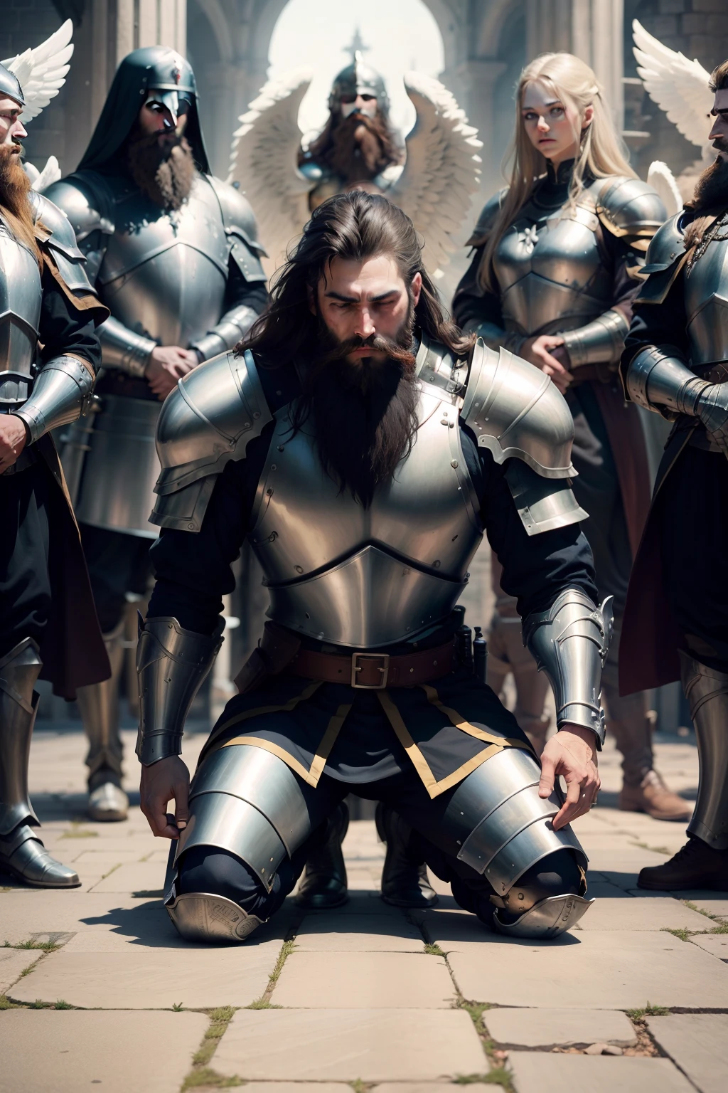 man with beard and armor kneeling on the ground being protected by several angels on him