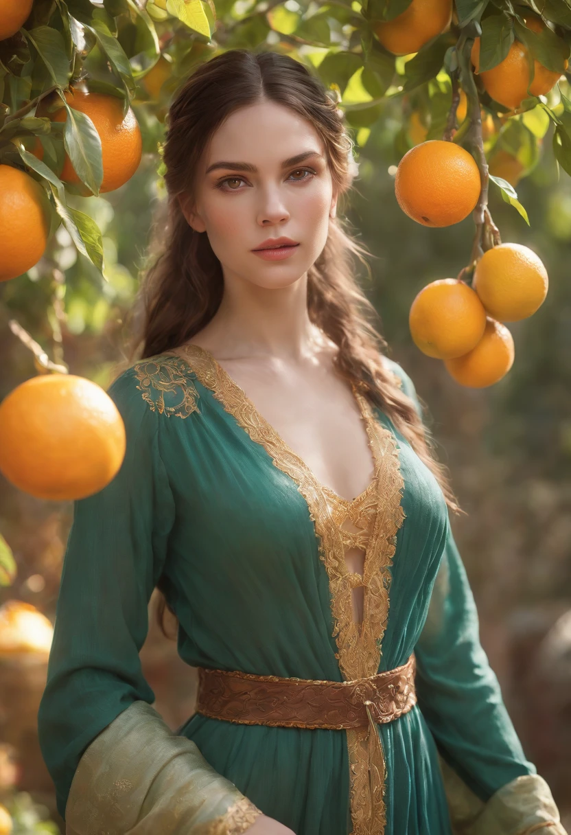 (ultra high res,best quality), (8k, best quality, masterpiece), ((nsfw)),best quality, masterpiece, illustration,CG ,unity ,wallpaper, official art, Amazing, finely detail, an extremely delicate and beautiful,extremely detailed, highly detailed, sharp focus,rich background,blurry background, ((small breasts)) With robes that shimmer like citrus fruit, this enchantress wields the power of oranges, lemons, and limes. Her staff is topped with a glowing orb that changes color, resembling the shifting shades of a sunset over an orchard. Her hair is styled in intricate braids adorned with citrus slices, and her eyes have a sparkling vibrancy like freshly squeezed juice,upper body