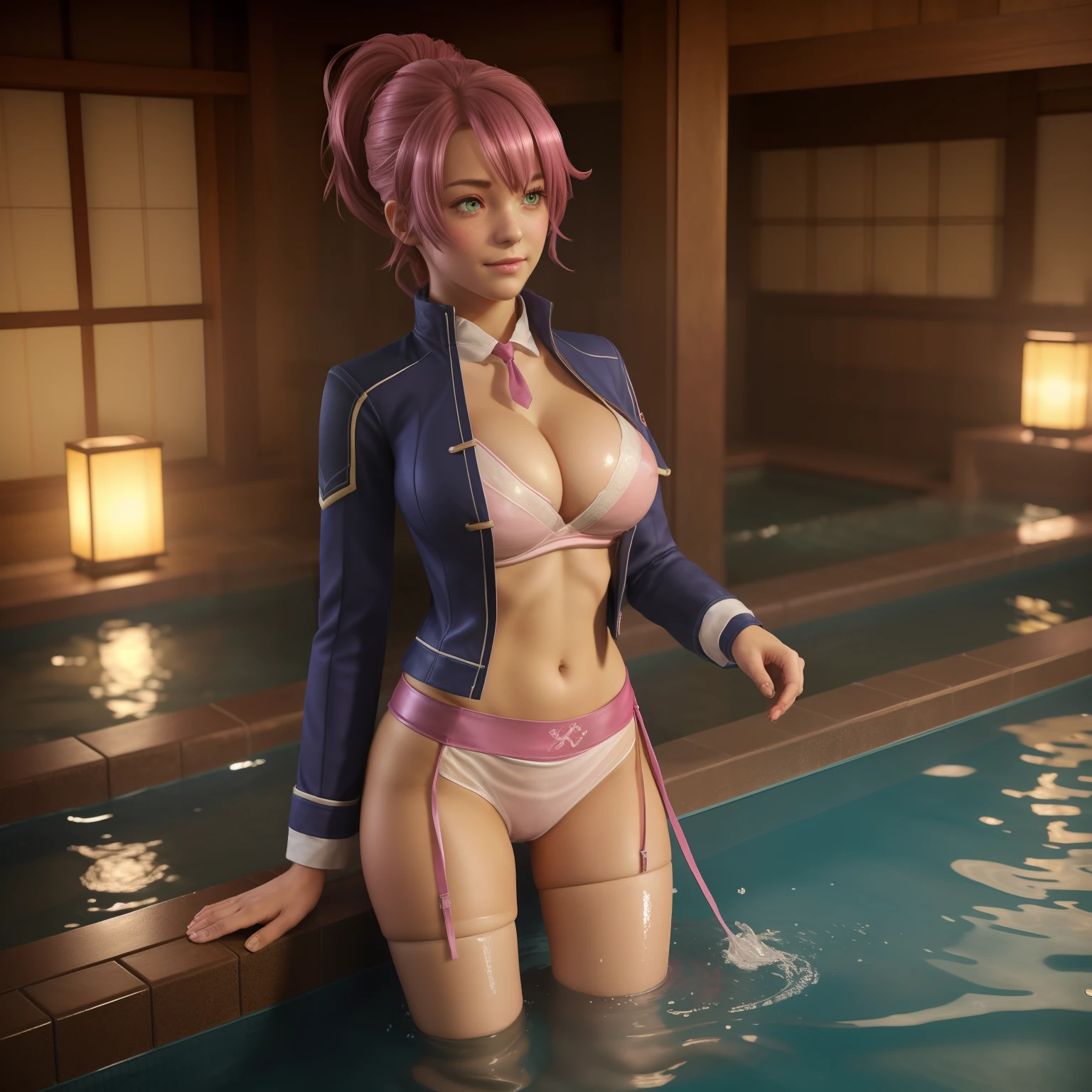 Juna crawford from trails of cold steel, (super realistic), , ((medium breasts))), ((Slim body)), ((Balanced body)) ,(medium breasts), ((medium boobs)), (medium ass), (((buttocks exposed))), (hair detailed description), (face detailed description), (body detailed description), (fair translucent skin), peerless beauty, (superb beauty), long legs, , (()), , (red lips), (touching tits), (shyness), shy, ((embarrassed)), sexy shy,, facing the audience, ((inside a huge onsen in the montains)), sitting inside onsen on the montains, open air onsen, reflective water, splashing, (soaked clothes), vaginal spray water, blowing tide, sitting by the pool (legs open), looking forward, facing the audience, (18 years old), camel toe, wet transparent clothes, masterpiece, 8k, model face, , spread leg, water until belly, (inclined forward), very shy.  Huge cleverage, smaller cloths. Transparent,wears a untucked yellow collar shirt and black neck tie, with a white miniskirt, black thigh high stockings, leather boots and a medium-length magenta coat.Juna is a young woman with pink pink hair and green eyes,