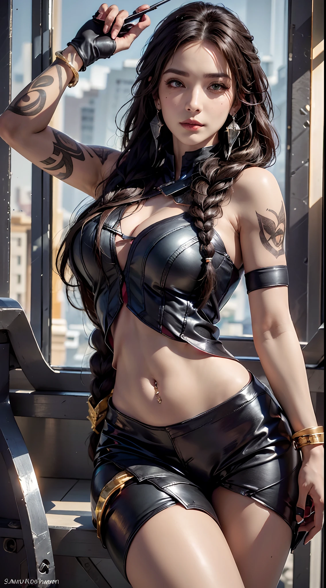 photorealistic, high resolution, 1women, mature female, solo, hips up, look at viewer, (detailed face), tattoo, samira \(league of legends\), eyepatch, earrings, green eyes, braid, long hair, dark skin, gloves, armor, navel, bracelet, lips, mole, mole above mouth, tan skin