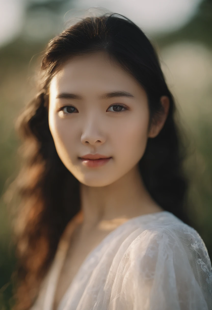 This is a close-up front view portrait of a 20-year-old beautiful Japanese girl, photographed by Hidemi Shimura. The image captures the girl with water on her face, with soft lighting that emphasizes her innocent and pure eyes, highlighting every detail. ,with a pale face set against a blue sky, with a misty and foggy, dreamy haze. The image is photorealistic, ultra-high definition, and showcases intricate details that were captured with manual focus.kadak portra 400nc, SMC Pentax 75mm F2.8AL，upper body