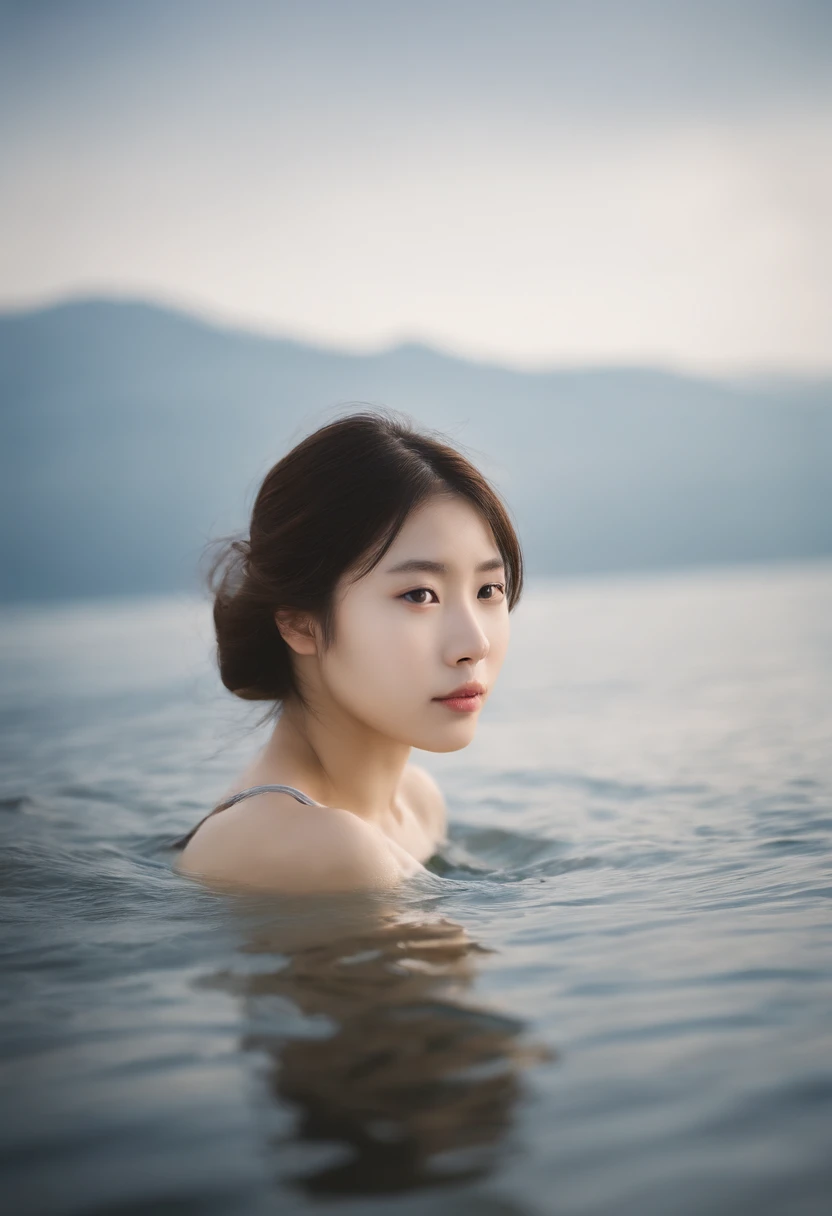 This is a close-up front view portrait of a 20-year-old beautiful Japanese girl, photographed by Hidemi Shimura. The image captures the girl with water on her face, with soft lighting that emphasizes her innocent and pure eyes, highlighting every detail. ,with a pale face set against a blue sky, with a misty and foggy, dreamy haze. The image is photorealistic, ultra-high definition, and showcases intricate details that were captured with manual focus.kadak portra 400nc, SMC Pentax 75mm F2.8AL，upper body