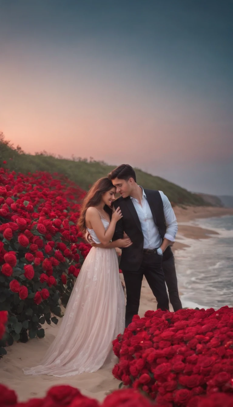 In a romantic atmosphere，couple cuddling，Stroll through the Sea of Roses，Under the stars，Feel the romantic theme of Valentine's Day。