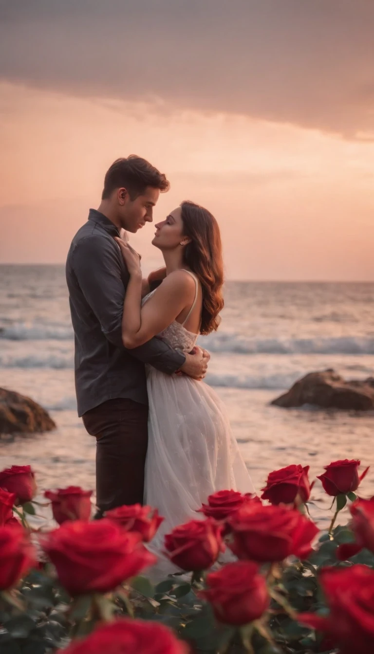 In a romantic atmosphere,couple cuddling,Stroll through the Sea of Roses,Under the stars,Feel the romantic theme of Valentine's Day。