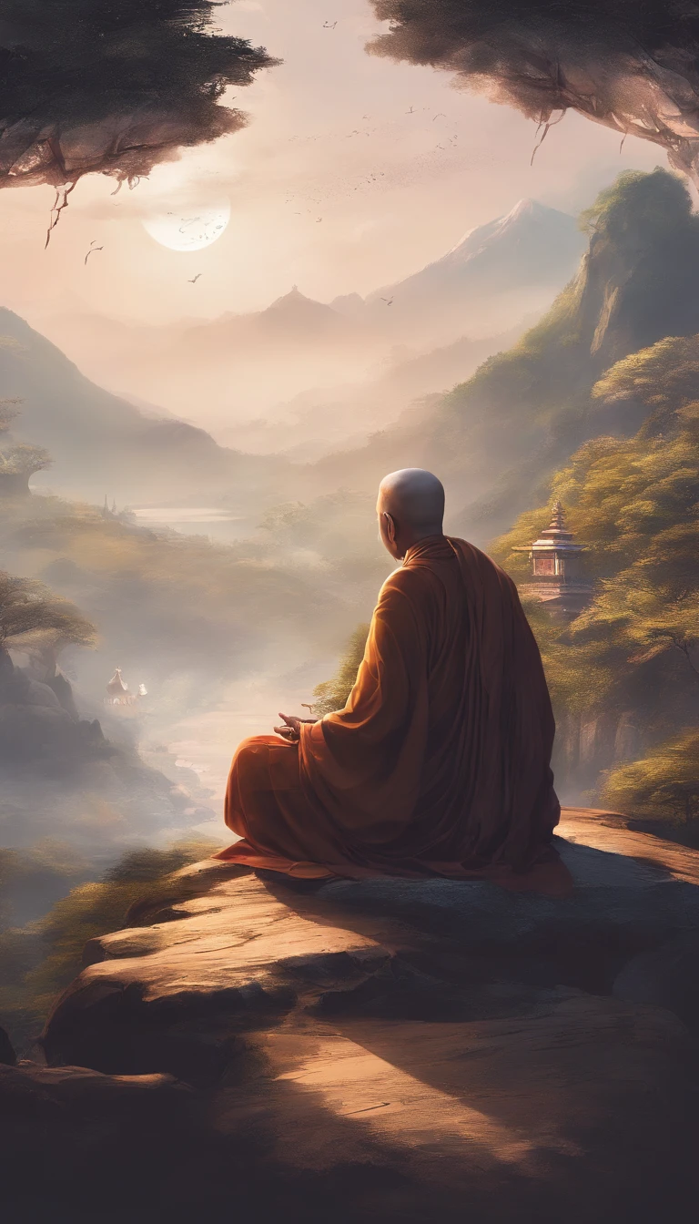 An old monk sits on a large rock，Extremely old monk，（Pray in a lotus pose），Buddhist monk meditation, On the road to enlightenment, Man has a deep connection with God, Zen meditation,brown robe，(Rear view)，from back，rear angle，Big light，Buddhism，Beautiful image，epic cinematic shot，Ultra photo realsisim，8K，Buddha in the background，