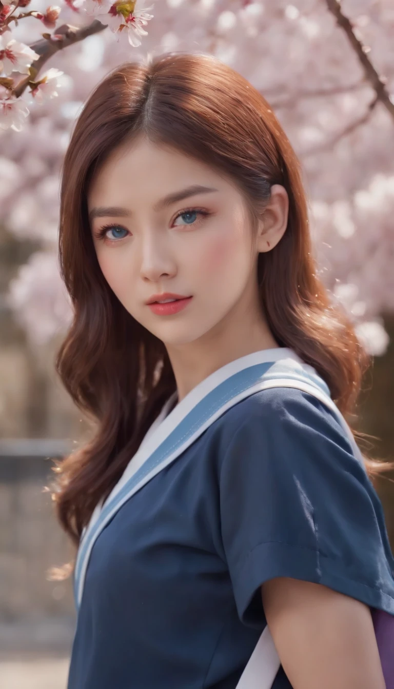 (Masterpiece, photo-realistic:1.4), (Close-up shot:1.3), (Japanese high school student:1.3), (Go home at sunset:1.3), (Blue and white school uniform:1.4), (undercut hairstyle:1.3), (Bright two-color eyes:1.4), (Backpack on the shoulder:1.2), (Walk through the park where cherry blossoms bloom:1.2), (Charming and innocent gaze:1.3), (Peaceful warm sunset lights:1.2), (Captured uniform details:1.3), (Cherry blossom petals rustling in the breeze:1.2), (A subtle blush on the cheeks:1.2), (youthful charm:1.2), (Beautifully styled hair:1.3), (Expressive eyes,Shine with excitement:1.2), (Peaceful and charming atmosphere:1.2), (Perfectly captures emotion and detail:1.2), Cinematic, Hyper-detailed, insanely details, beautifully color-graded, illusory engine, degrees of freedom, Hyper-Resolution, megapixel, Cinematic lightning, Anti-aliasing, FKAA, TXAA, RTX, SSAO, post-proces, postproduction, Tone-mapping, .CGI, vfx, SFX, insanely detailed and intricate, hyper-maximalist, Ultra photo realsisim, volumetr, Photorealistic, The ultra-realistice, Ultra-detailed, Intricate details, 8K, Super detailed, Full color, Volumetric lightning, hdr, Realistic, illusory engine, 16k, Sharp focus, Octane render --v testp
