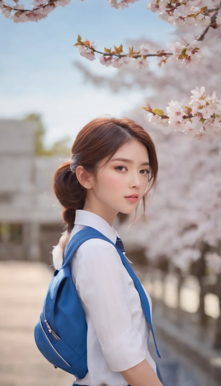 (Masterpiece, photo-realistic:1.4), (Close-up shot:1.3), (Japanese high school student:1.3), (Go home at sunset:1.3), (Blue and white school uniform:1.4), (undercut hairstyle:1.3), (Bright two-color eyes:1.4), (Backpack on the shoulder:1.2), (Walk through the park where cherry blossoms bloom:1.2), (Charming and innocent gaze:1.3), (Peaceful warm sunset lights:1.2), (Captured uniform details:1.3), (Cherry blossom petals rustling in the breeze:1.2), (A subtle blush on the cheeks:1.2), (youthful charm:1.2), (Beautifully styled hair:1.3), (Expressive eyes，Shine with excitement:1.2), (Peaceful and charming atmosphere:1.2), (Perfectly captures emotion and detail:1.2), Cinematic, Hyper-detailed, insanely details, beautifully color-graded, illusory engine, degrees of freedom, Hyper-Resolution, megapixel, Cinematic lightning, Anti-aliasing, FKAA, TXAA, RTX, SSAO, post-proces, postproduction, Tone-mapping, .CGI, vfx, SFX, insanely detailed and intricate, hyper-maximalist, Ultra photo realsisim, volumetr, Photorealistic, The ultra-realistice, Ultra-detailed, Intricate details, 8K, Super detailed, Full color, Volumetric lightning, hdr, Realistic, illusory engine, 16k, Sharp focus, Octane render --v testp