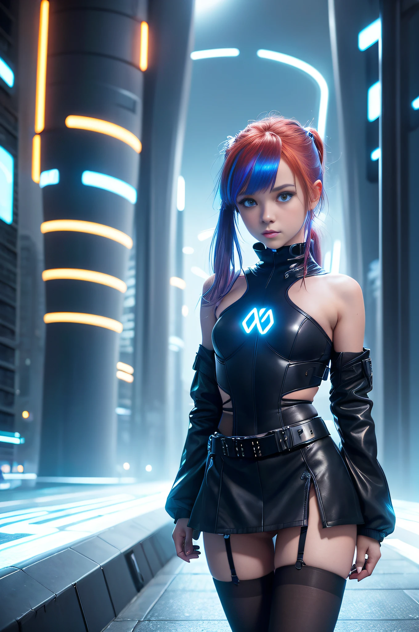 1 girl, solo, (nsfw), cute redhead 18-year-old girl in twin tails, ((perfect female body)), (cute face make up), multiple (rainbow colored hair: 1.2), (beautiful detailed blue eyes: 1.6), (photo realistic eyes: 1.6), happy, Ukrainian, (petite body), ((small hips)), pale white skin, (mini skirt and tube top), (matte pantyhose: 1.6), (("TRON LEGACY futuristic city" style background)), (night time:1.2), photo realistic.