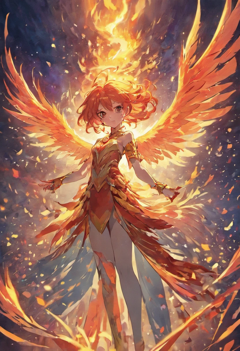 cute fiery phoenix girl, with vibrant feathers, soaring out of smoldering ashes, clashings its claws with a menacing demon in a mystical, ancient realm of towering ruins and swirling mists, middle-breasts