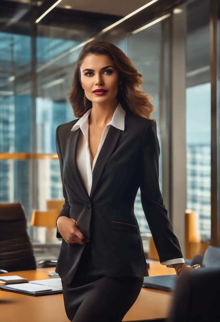 business woman, moderna, modern office, cores de fundo avermelhada mesclado com dourado, Image aspect ratio 1000 X 1500