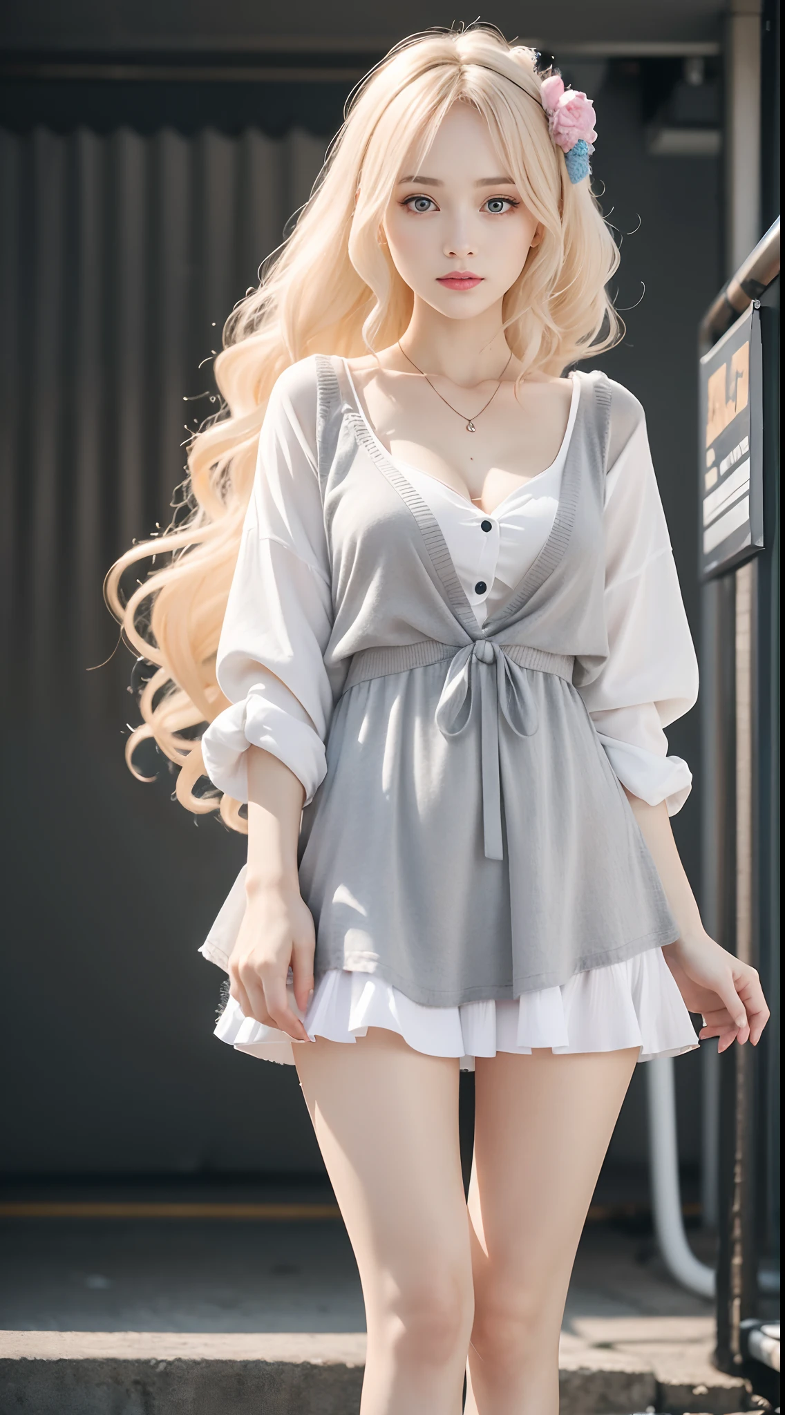 Aggressive burglars and her,Mini white dress in the wind,40k,photography of,tmasterpiece,Best quality at best,dark grey background,Behind,sfv,(1girl blue eyes and blonde hair soon curly),Butt until waiting to be worn,facing to audience,(Cardigan half shirt_Outfit:1.3),(Pink clothing:1.3)。