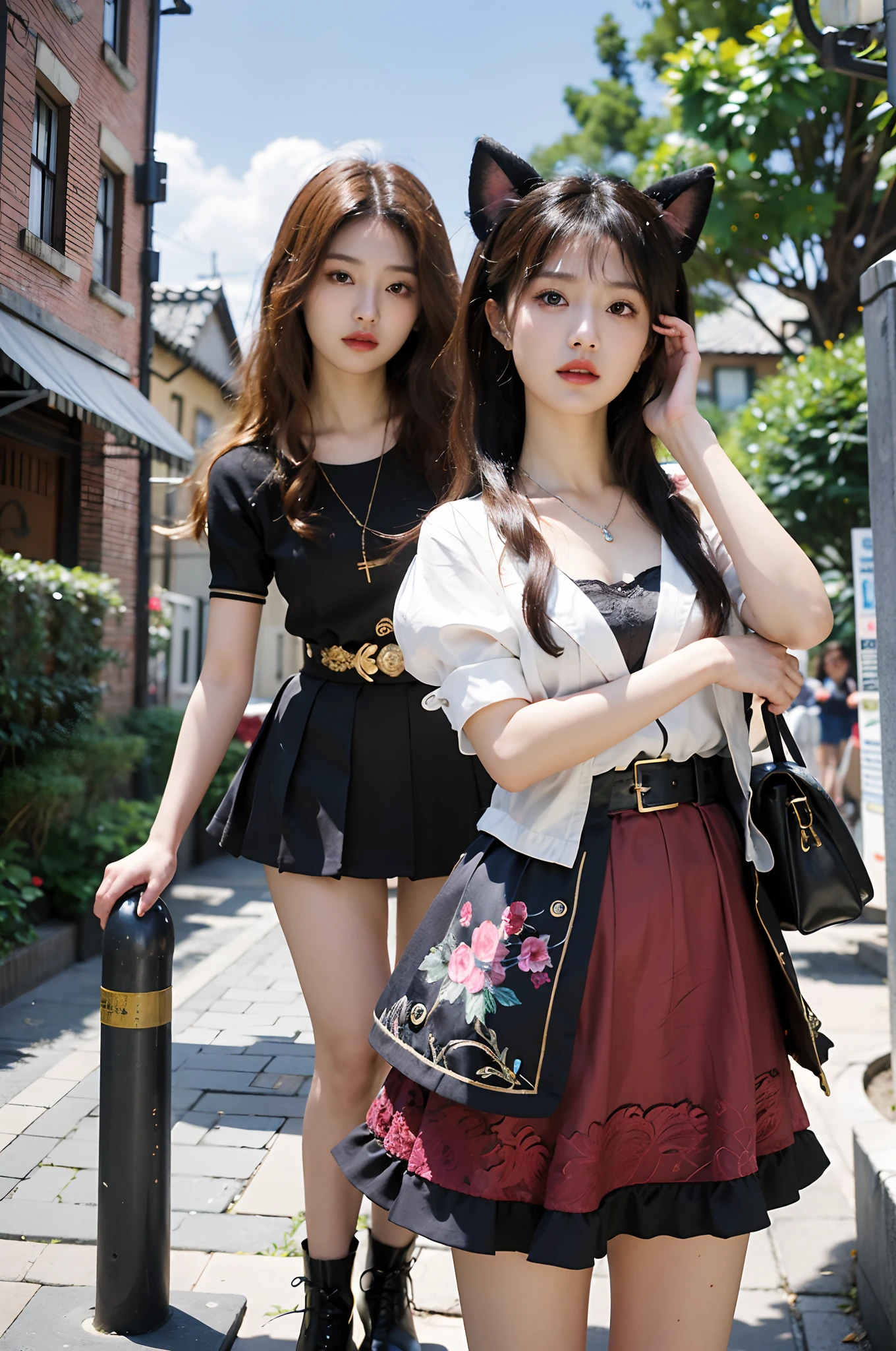 Best quality, Masterpiece, Extremely detailed, high resolution, 4K, 超高分辨率, Detailed shadows, Perfect light and shadow,duo, Two girls in fashionable clothes take selfies on the street, colorful pigtail, anime cosplaying, Anime style mixed with Fujifilm, Cute, big laughter, , Sexy,(Alebriès Art Style),PureErosFace_V1,Urzang-6500-V1 version.1,fantasyoutfit,The princess's eyes were round,Dream necklace,Fantastic ribbons,Dream rings,Fantastic jewelry,Fantastic hair accessory,Dream belt,Studio light,