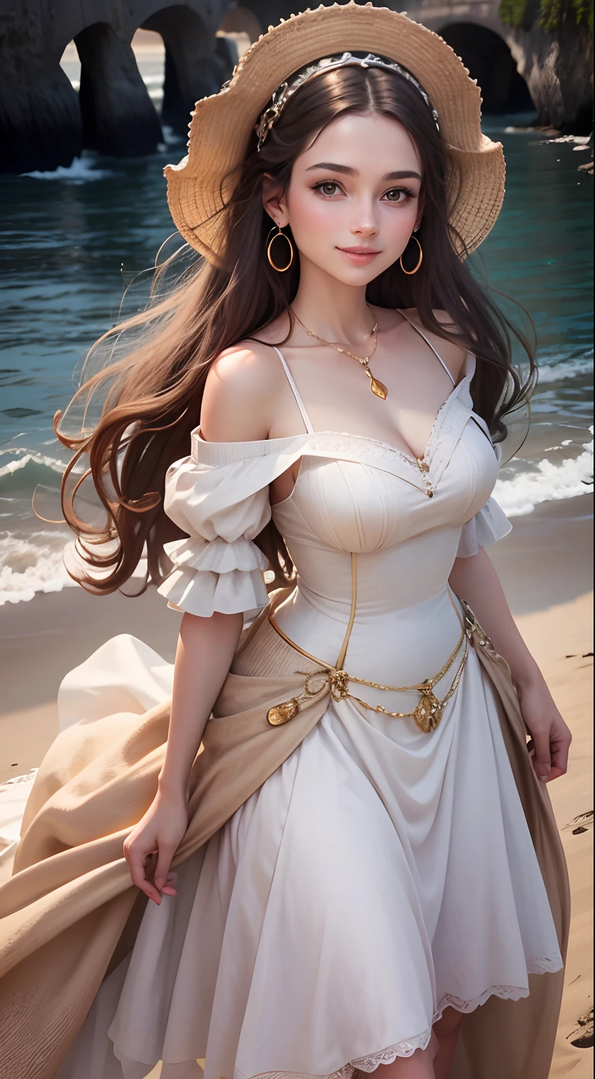 Very beautiful European style princess, portrait photo, beach, standing up straight, head and ankles straight, smiling, wearing earrings, 4k resolution