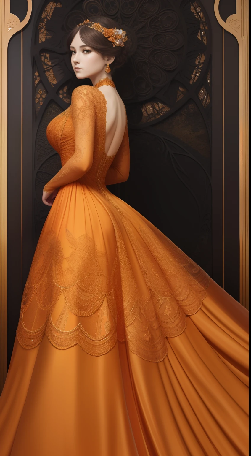 Close-up of a woman in an orange tights on board, a digital rendering inspired by Hedi Xandt, Tumblr, Art Nouveau, Delicate orange dress, Elaborate dress, Orange delicate lace shape, intricate body, intricate fantasy dress, intricate outfits, Luxury dress, an intricate dress, intricate detailed dress, extravagant dress, Intricate and detailed lace set