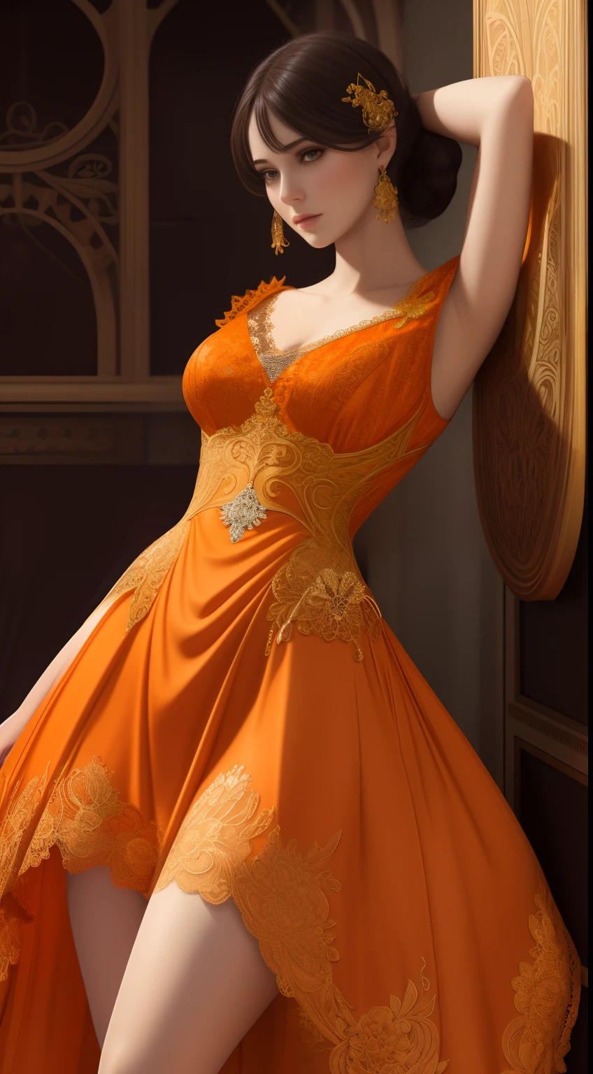 Close-up of a woman in an orange tights on board, a digital rendering inspired by Hedi Xandt, Tumblr, Art Nouveau, Delicate orange dress, Elaborate dress, Orange delicate lace shape, intricate body, intricate fantasy dress, intricate outfits, Luxury dress, an intricate dress, intricate detailed dress, extravagant dress, Intricate and detailed lace set
