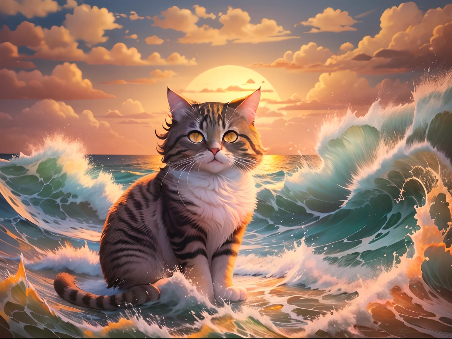 1 cat with round eyes , seaside, waves, sunset, mountain , masterpiece, high quality. detailed.