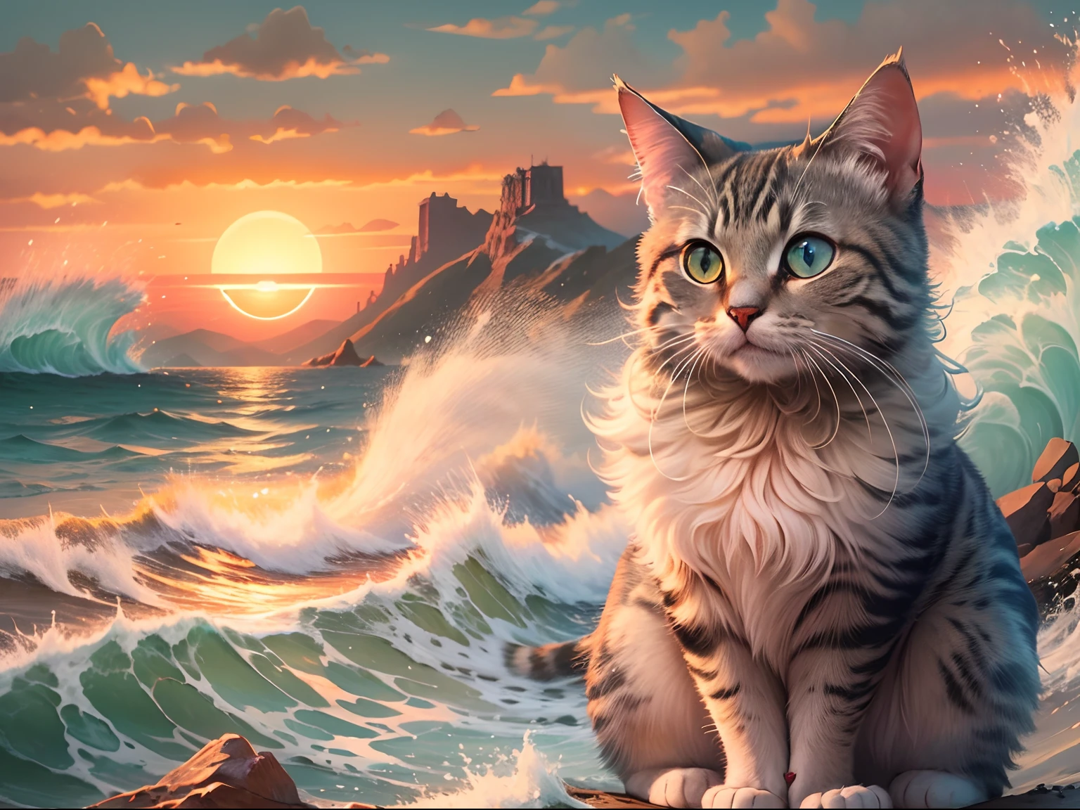 1 cat with round eyes , seaside, waves, sunset, mountain , masterpiece, high quality. detailed.