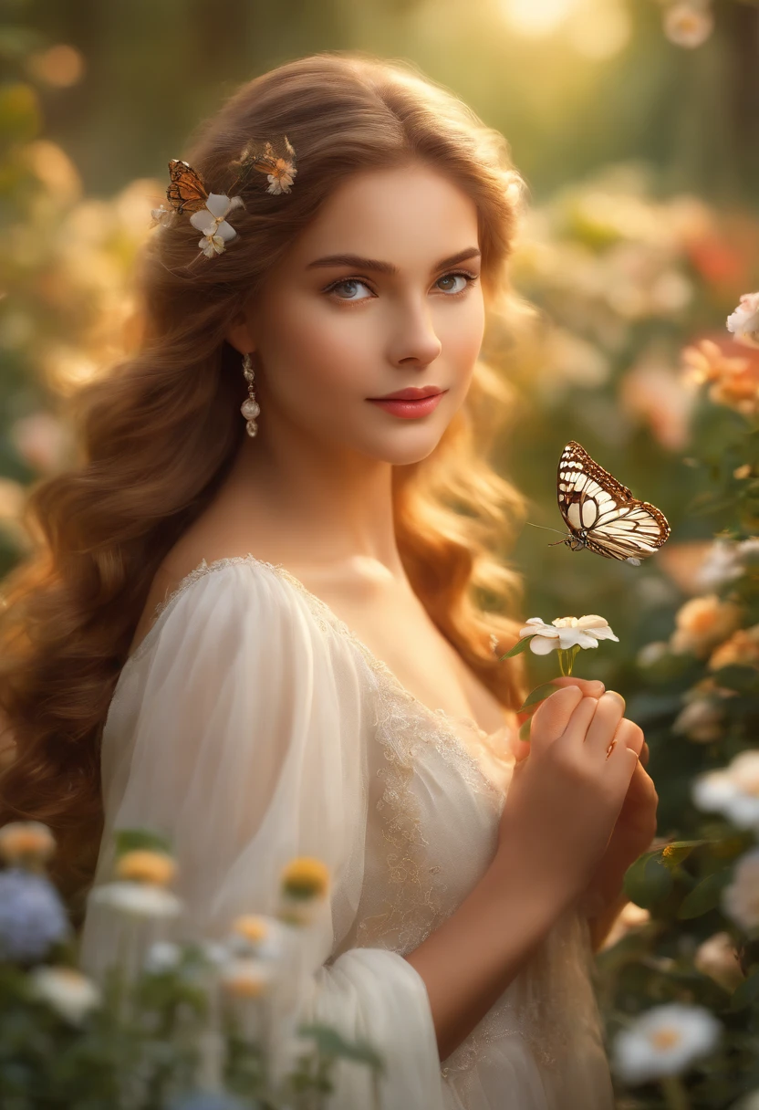 (highres,realistic),beautiful girl with sparkling eyes and a warm smile,wearing a flowing white dress,standing in a vibrant garden(full of colorful flowers and lush greenery),bathed in soft golden sunlight and surrounded by butterflies and birdsong. The girl has long, flowing hair that cascades down her back, and she holds a delicate flower in her hand. The garden is filled with the soothing scent of blooming flowers, and a gentle breeze rustles the leaves and dances through the girl's hair. The atmosphere is serene and tranquil, creating a sense of peace and harmony. The colors in the scene are rich and vibrant, with a warm color palette that evokes a feeling of joy and happiness. The lighting is soft and natural, enhancing the girl's radiant beauty and casting a gentle glow on the surrounding landscape. The overall image is of the highest quality, with incredible attention to detail and a realistic rendering of the girl and the garden. The scene feels like a masterpiece of art, capturing the essence of natural beauty and creating a sense of awe and wonder.