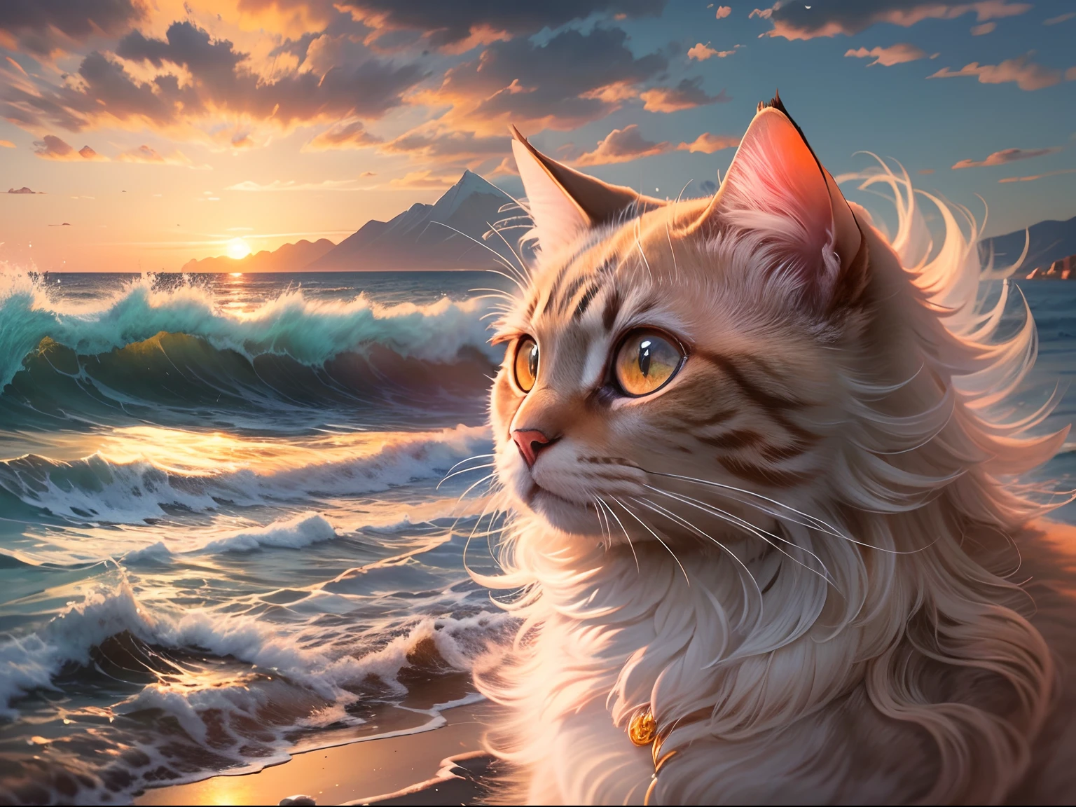1 cat with round eyes , seaside, waves, sunset, mountain , masterpiece, high quality. detailed.