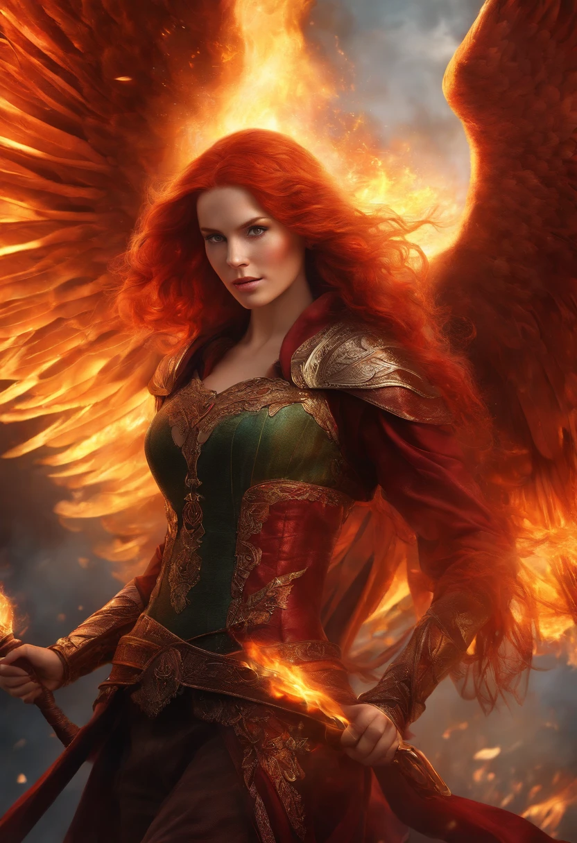 (best quality,ultra-detailed,realistic:1.37), vibrant colors, intense lighting, woman, red hair, imposing, phoenix, fantasy, RPG, medieval, anime style, fire powers