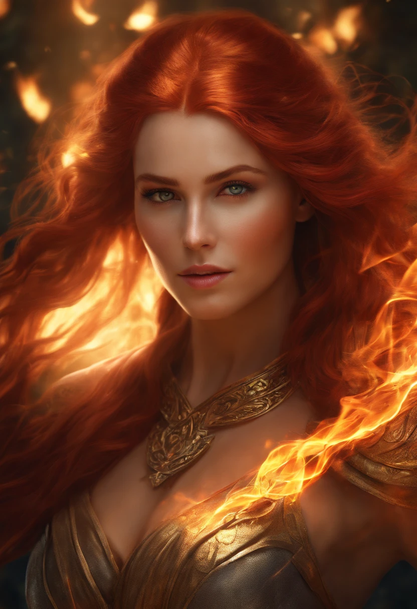 (best quality,ultra-detailed,realistic:1.37), vibrant colors, intense lighting, woman, red hair, imposing, phoenix, fantasy, RPG, medieval, anime style, fire powers