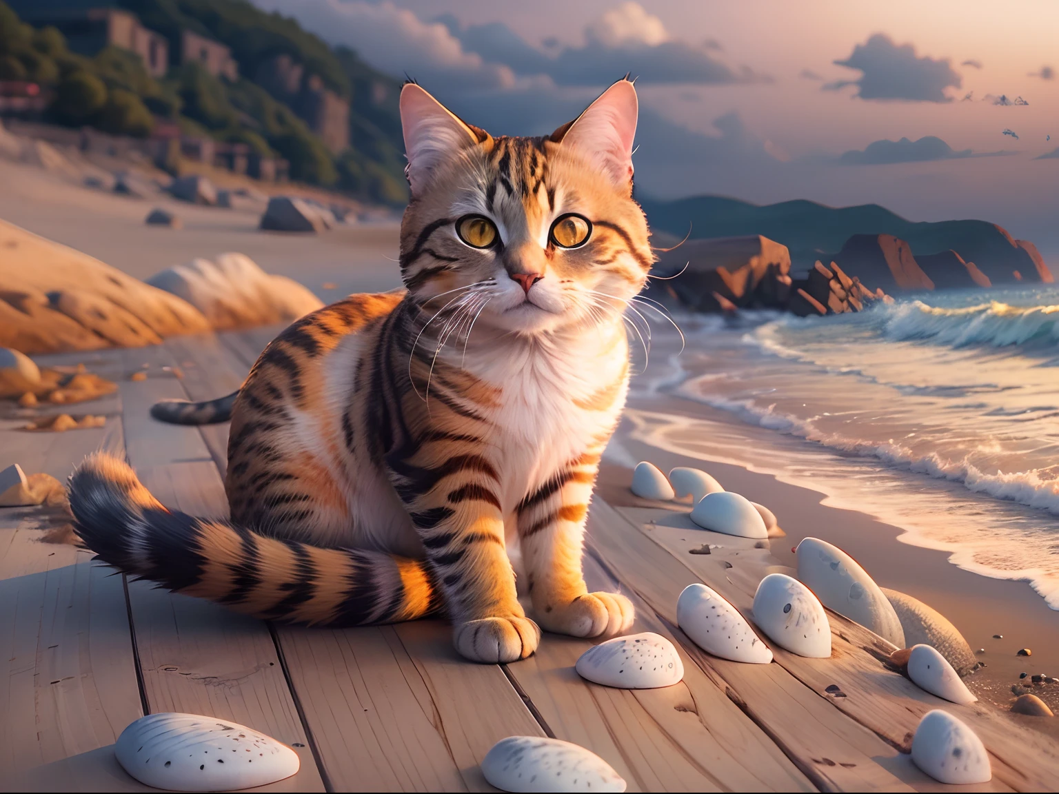 1 cat with round eyes , seaside, waves, sunset, mountain , masterpiece, high quality. detailed.