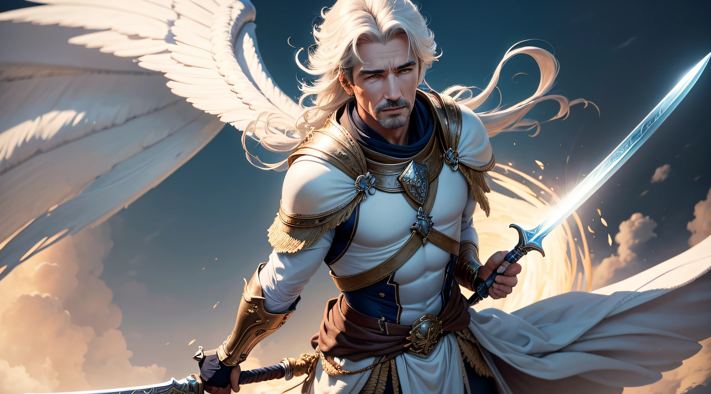 gere uma imagem em 8k de um anjo protetor, alto seurando sua espada, vestindo roupas brancas, cablos loiros, olhos azuis.