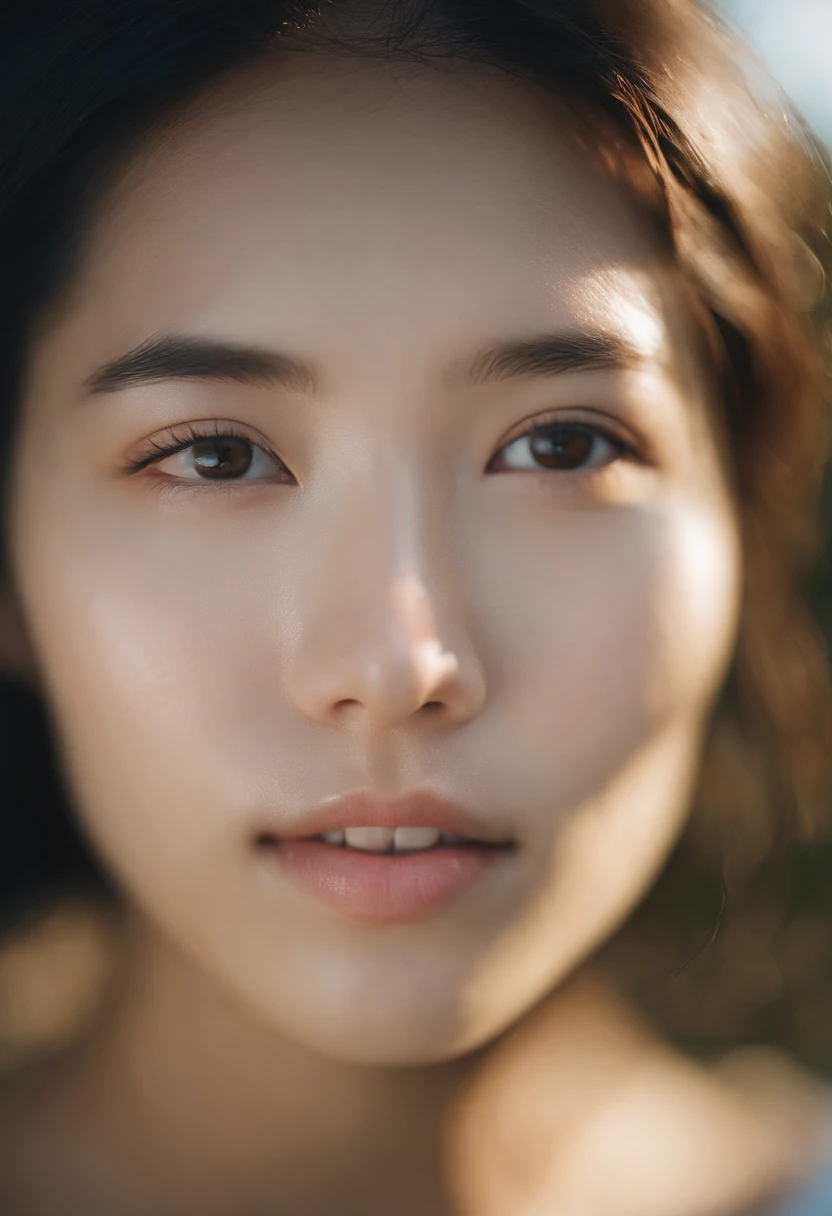 This is a close-up front view portrait of a 20-year-old beautiful Japanese girl, photographed by Hidemi Shimura. The image captures the girl with water on her face, with soft lighting that emphasizes her innocent and pure eyes, highlighting every detail. ,with a pale face set against a blue sky, with a misty and foggy, dreamy haze. The image is photorealistic, ultra-high definition, and showcases intricate details that were captured with manual focus.kadak portra 400nc, SMC Pentax 75mm F2.8AL，upper body