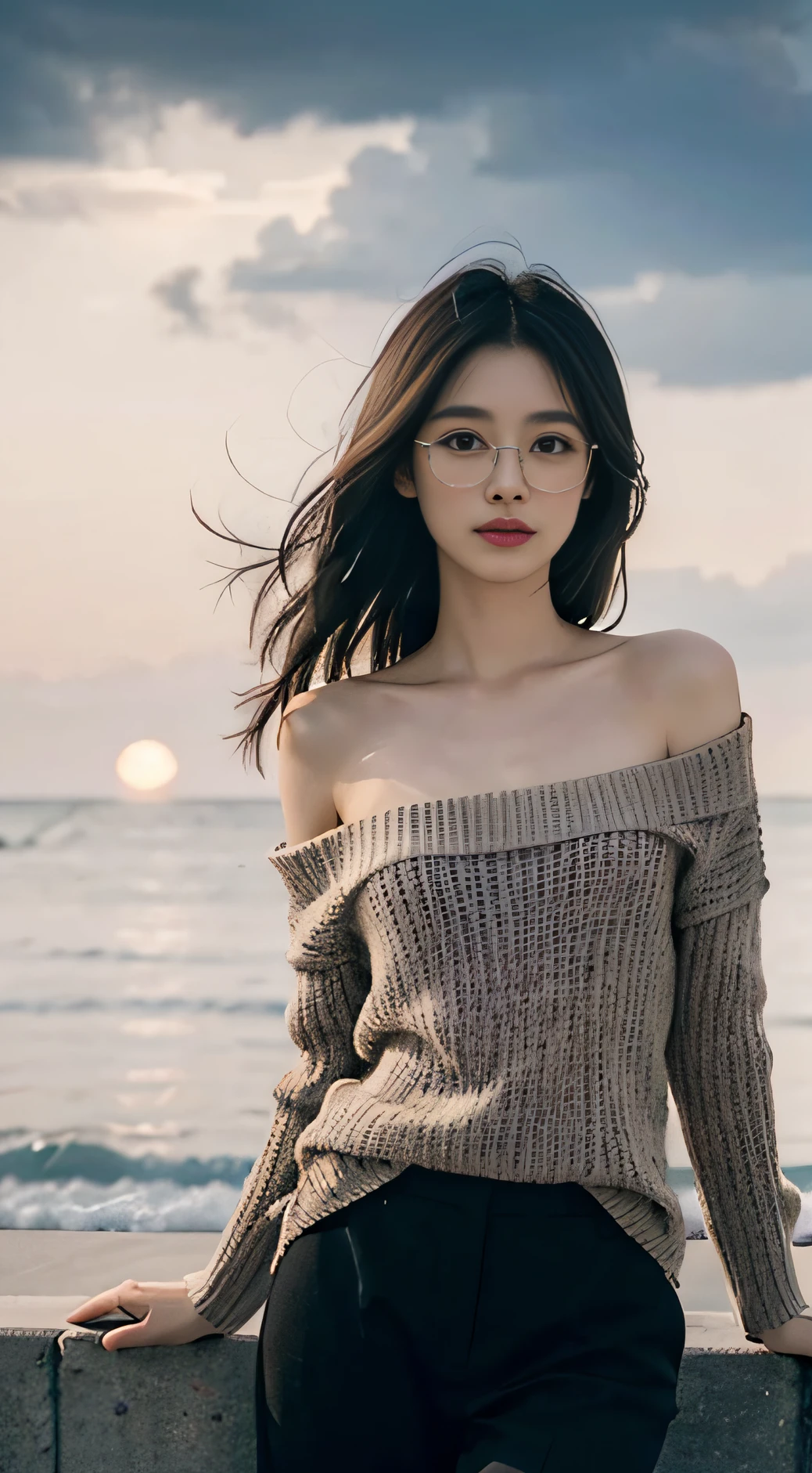 ((Small lower chest)), (Straight hair at shoulder length: 1.2), Black hair,Upper body, （极其细致的CG 8k壁纸），（Extremely refined and beautiful），（Masterpiece），（best qualtiy：1.0），（超高分辨率：1.0），beautiful light up，Perfect lightning，realistic shaded，[A high resolution]，Smooth and flawless fair skin，Extremely delicate facial details，（Perfect body：1.1），ultra - detailed，A beautiful girl，Small head，attractive collarbone，Thin figure，Thin arms，chill out，Steady，（Black and white sweater:1.1），（Black wide-leg pants：1.1），White daddy shoes，Autumn，Morning，standing on the sea side，Sunrise in the East，Wearing glasses, expecting，Close-up Shot Shot，
