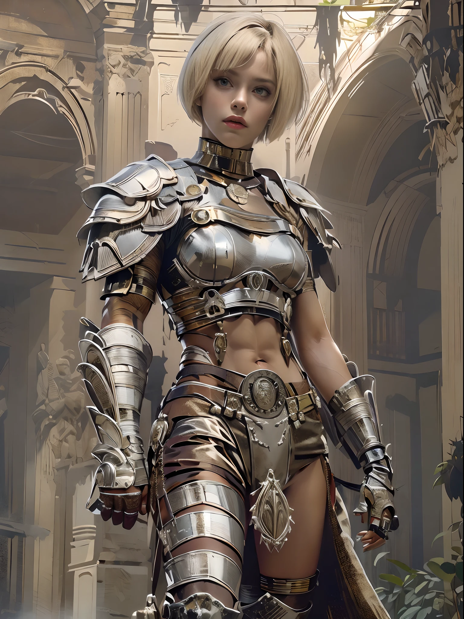 (((of the highest quality: 1.4))),(unparalleled masterpiece ever), (Ultra high definition),(Ultra realistic 8K CG), (((adult body))), (((1girl in))), ((( Bob Shorthair ))), Gladiator with a perfect body,,Beautiful and well-groomed face,muscular body:1.4,Detailed breastplate, gauntlets、is standing, (Image from head to thigh),(( White Blonde Bob Shorthair )),, Simon Bisley's urban savage style,Detailed Ancient Rome Ancient Roman Background,Clean abs, Complex equipment, dark brown with white stars and gray and white stripes,,,s Armor, Poison tattoo