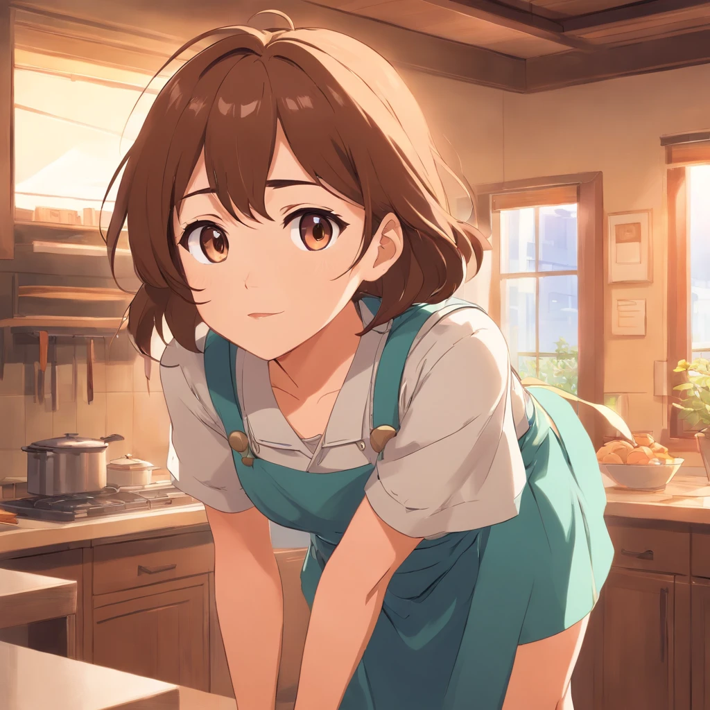 Flat anime style shading, anime woman, Anime-style characters, flat anime style,house wife、 Powerful poses, Brown hair, pinafore, Powerful Pose、kitchin, Powerful anime girl,picture