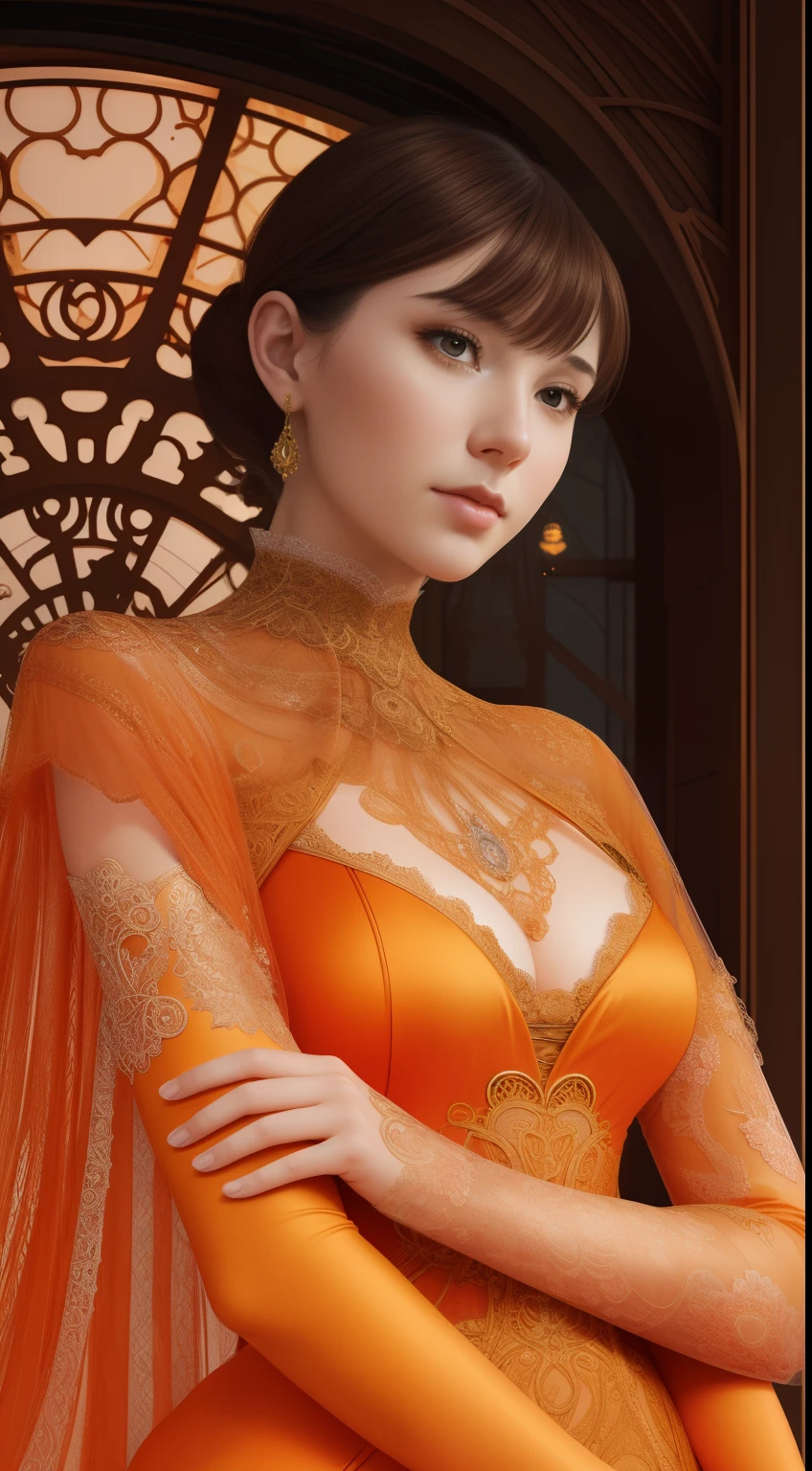 Close-up of a woman in an orange tights on board, a digital rendering inspired by Hedi Xandt, Tumblr, Art Nouveau, Delicate orange dress, Elaborate dress, Orange delicate lace shape, intricate body, intricate fantasy dress, intricate outfits, Luxury dress, an intricate dress, intricate detailed dress, extravagant dress, Intricate and detailed lace set