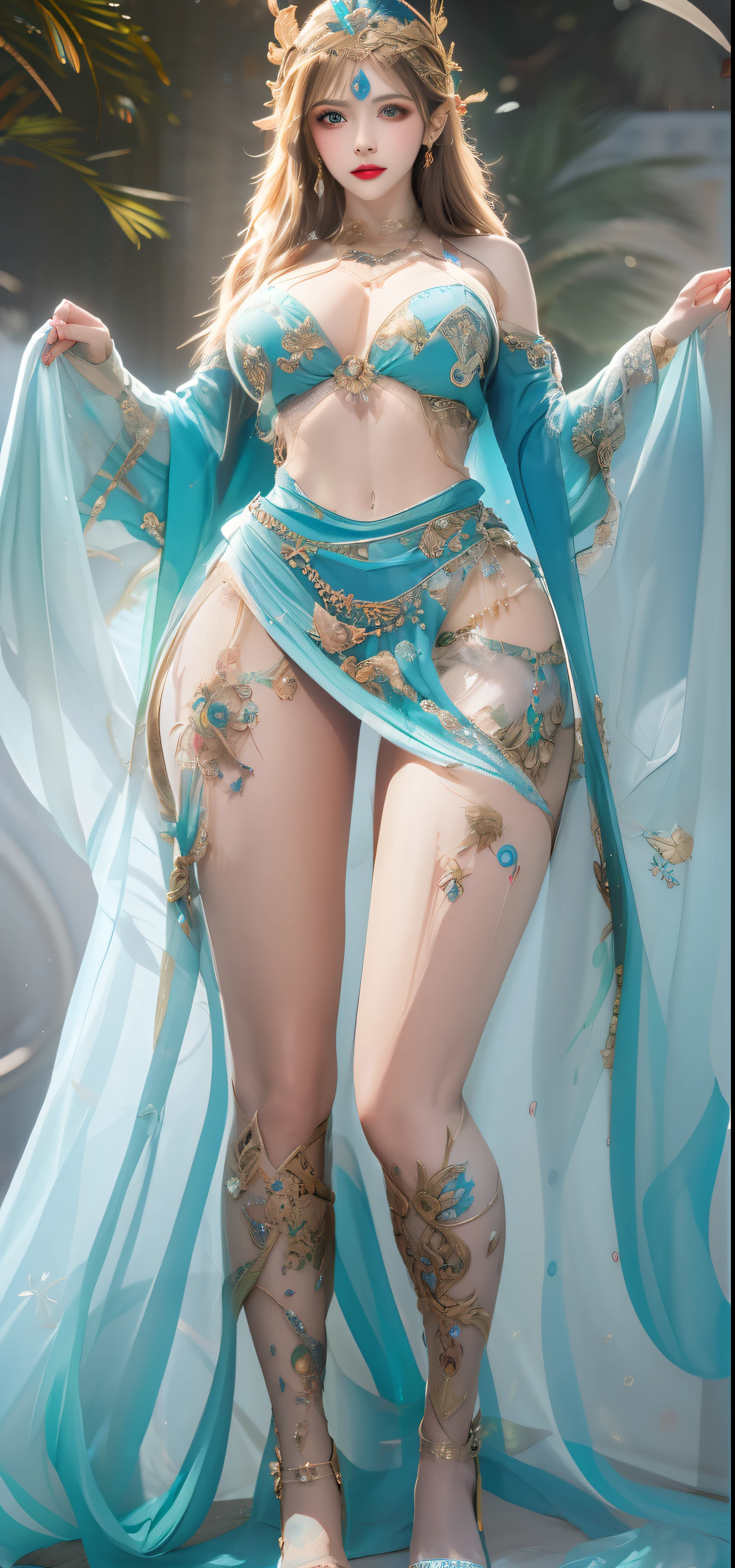 a woman in a blue bikini and a crown is posing, fantasy outfit, ornate flowing robe, beautiful goddess, intricate body, nipples areola, nipples areola, see through bikini, very beautiful elven top model, intricate outfit, wearing fantasy clothing, anime character; full body art, a beautiful fantasy empress, visible vaginal dents, nipples, nipples, extremely detailed goddess shot, beautiful detailed body and face, blue body paint, beautiful sorceress, a beautiful sorceress