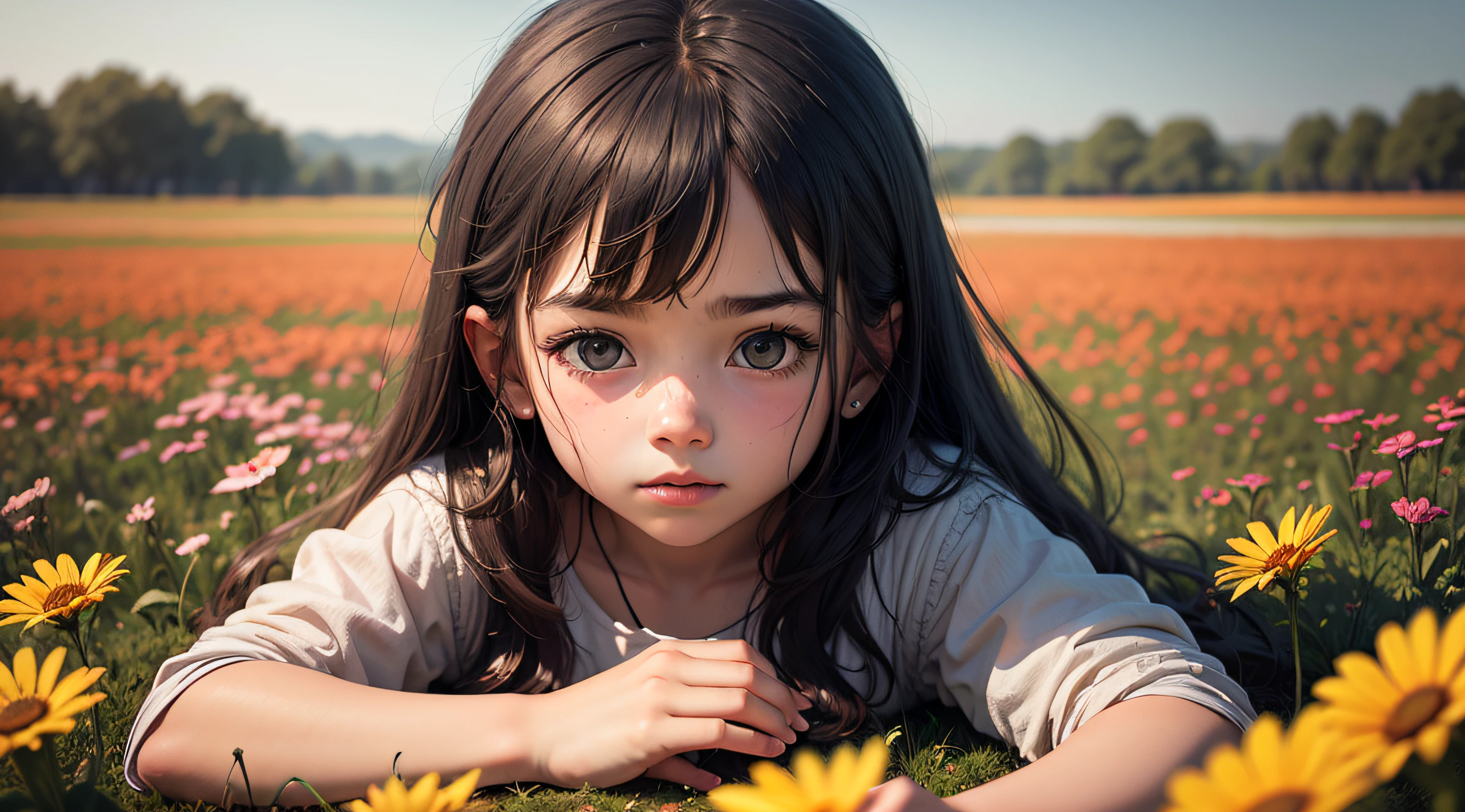 "Generate an 8k image of a in a field of flowers, cercada por anjos que sussurram palavras de encorajamento. The image must represent innocence and divine protection."