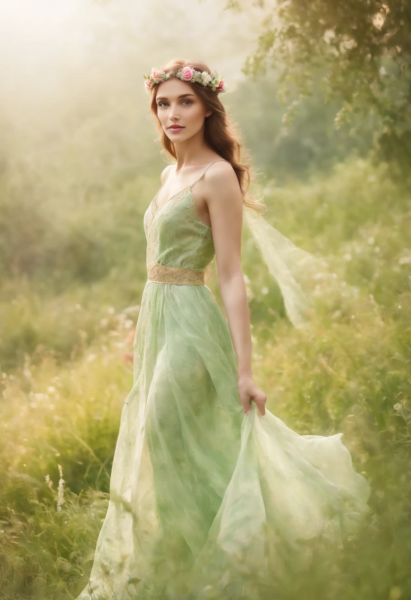 (Exquisite watercolor style)The wonderland of elf princesses，Charming and colorful environment，Colorful flowers，Green grass，Soft sunlight shines on her slender figure，Wearing a gorgeous dress，Pair it with sparkling gemstone jewelry，She floats gracefully in the air，The eyes reveal wisdom and innocence。