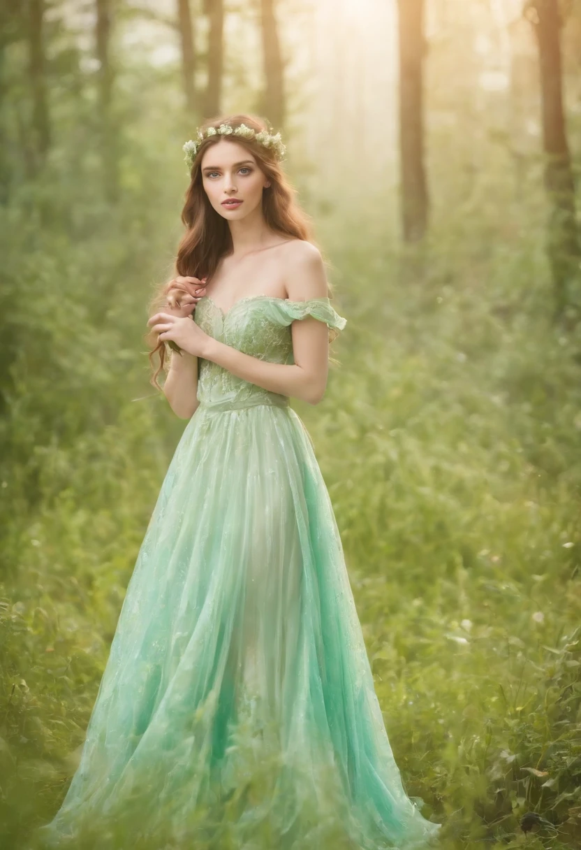 (Exquisite watercolor style)The wonderland of elf princesses，Charming and colorful environment，Colorful flowers，Green grass，Soft sunlight shines on her slender figure，Wearing a gorgeous dress，Pair it with sparkling gemstone jewelry，She floats gracefully in the air，The eyes reveal wisdom and innocence。