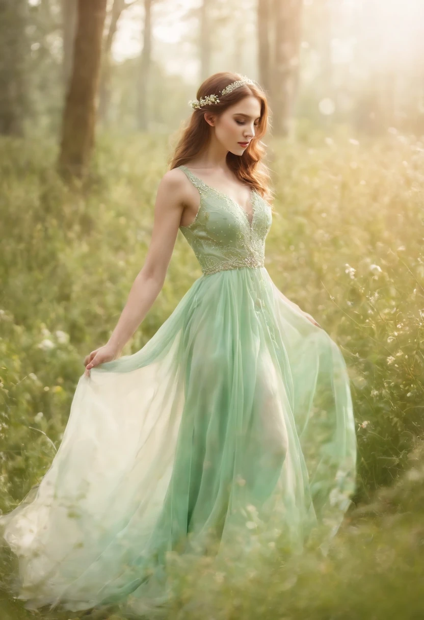 (Exquisite watercolor style)The wonderland of elf princesses,Charming and colorful environment,Colorful flowers,Green grass,Soft sunlight shines on her slender figure,Wearing a gorgeous dress,Pair it with sparkling gemstone jewelry,She floats gracefully in the air,The eyes reveal wisdom and innocence。
