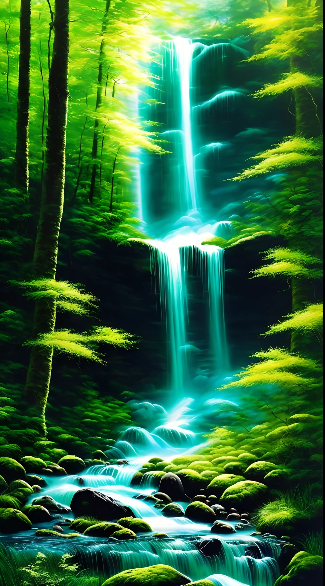 painting of a waterfall in a green forest with a sunbeam, waterfalls, amazing depth, breathtaking masterpiece of art, peaceful beautiful waterfall, multiple waterfalls, an endless waterfall, (waterfall), waterfall(beautiful, waterfall backdrop, waterfall, beautiful art uhd 4 k, streams of flowing light, soft airbrushed artwork, immense waterfall, cascading iridescent waterfalls