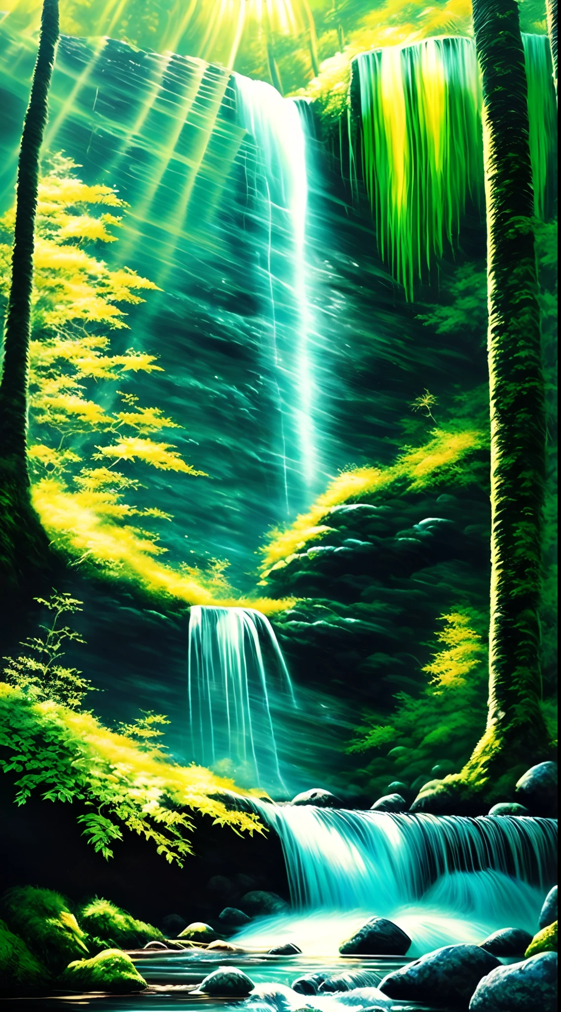 painting of a waterfall in a green forest with a sunbeam, waterfalls, amazing depth, breathtaking masterpiece of art, peaceful beautiful waterfall, multiple waterfalls, an endless waterfall, (waterfall), waterfall(beautiful, waterfall backdrop, waterfall, beautiful art uhd 4 k, streams of flowing light, soft airbrushed artwork, immense waterfall, cascading iridescent waterfalls