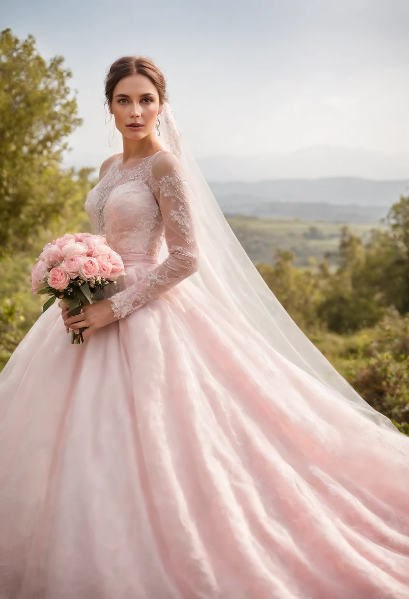 (Full body photograph of 1 girl dressed as a bride with large transparent veil and pink color dress + suave e delicado)+(Vestido longo em cores brilhantes, Luz brilhante, Cabelo loiro longo e liso + Olhos brilhantes e acolhedores)+(pink petals+ Brisa suave+ with blue sky and white clouds + Bosques verdes))