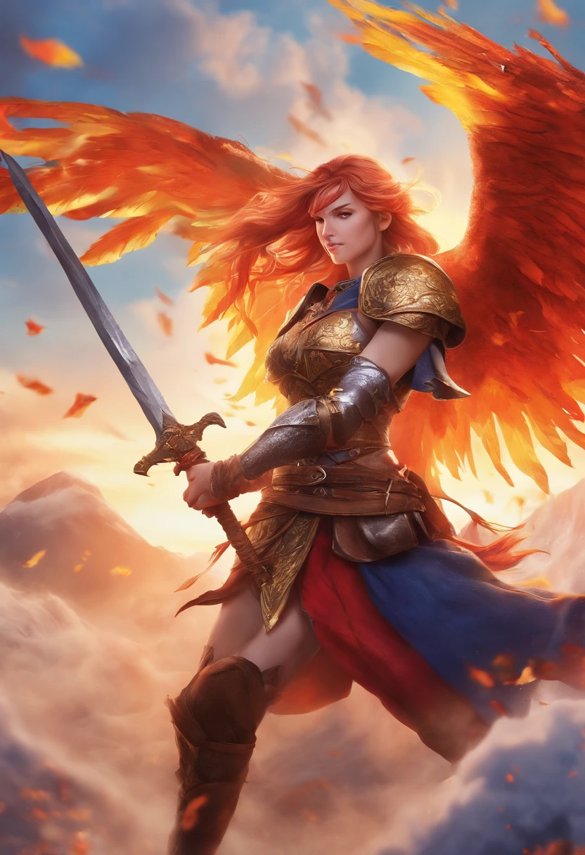 (best quality,4k,8k,highres,masterpiece:1.2),ultra-detailed,(realistic,photorealistic,photo-realistic:1.37),anime style, RPG, phoenix reborn, fierce female warrior, valkyrie, vibrant colors, dramatic lighting