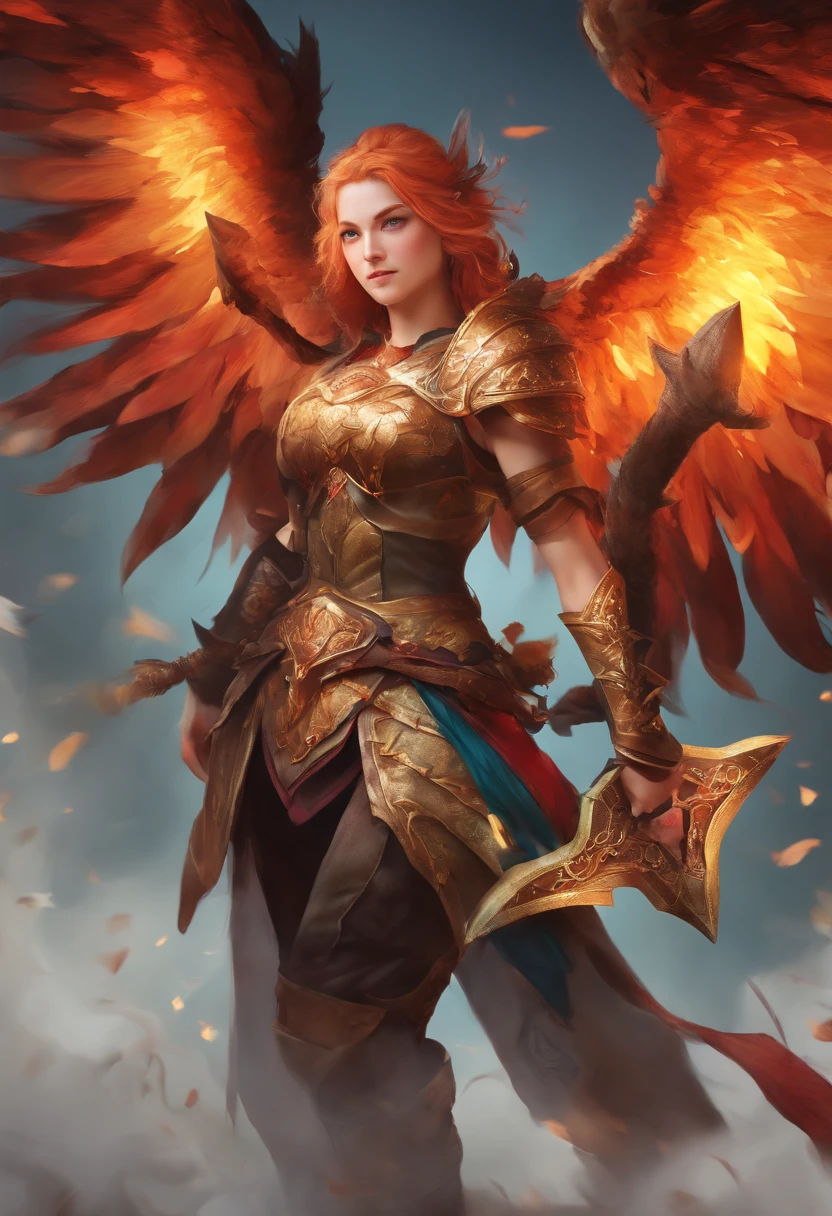 (best quality,4k,8k,highres,masterpiece:1.2),ultra-detailed,(realistic,photorealistic,photo-realistic:1.37),anime style, RPG, phoenix reborn, fierce female warrior, valkyrie, vibrant colors, dramatic lighting
