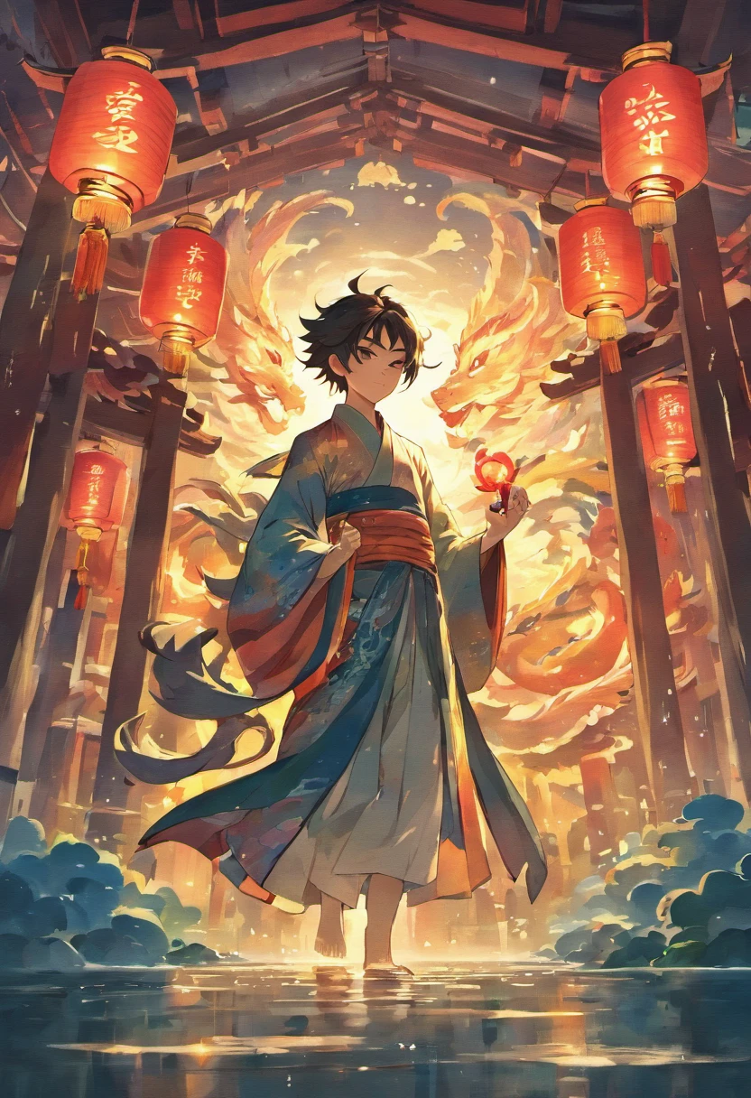 Floating lights, cinematic light and reflections, Glowing lights, Intermediate metaverse elements,Digital painting, glowing reflections, Pondering, Floating lanterns, calm evening, Digital illustration, beautiful ambiance, Sky lights at night, serene evening atmosphere, Floating lanterns, (Kongming Lantern), the night, themoon, game scenes, Ancient Chinese palaces are located above the clouds, surrounded by cloud, Homem-Imponente, glazed tiles, BUDDHA STATUE, gorgeous color, In the foreground are three arches((Color ink)), ( (Splash ink ) ), ((Splash ink) ink})),There is a background in the sky((chinesedragon)) tmasterpiece, high qulity, Beautiful graphics, Big fish begonia,high detal