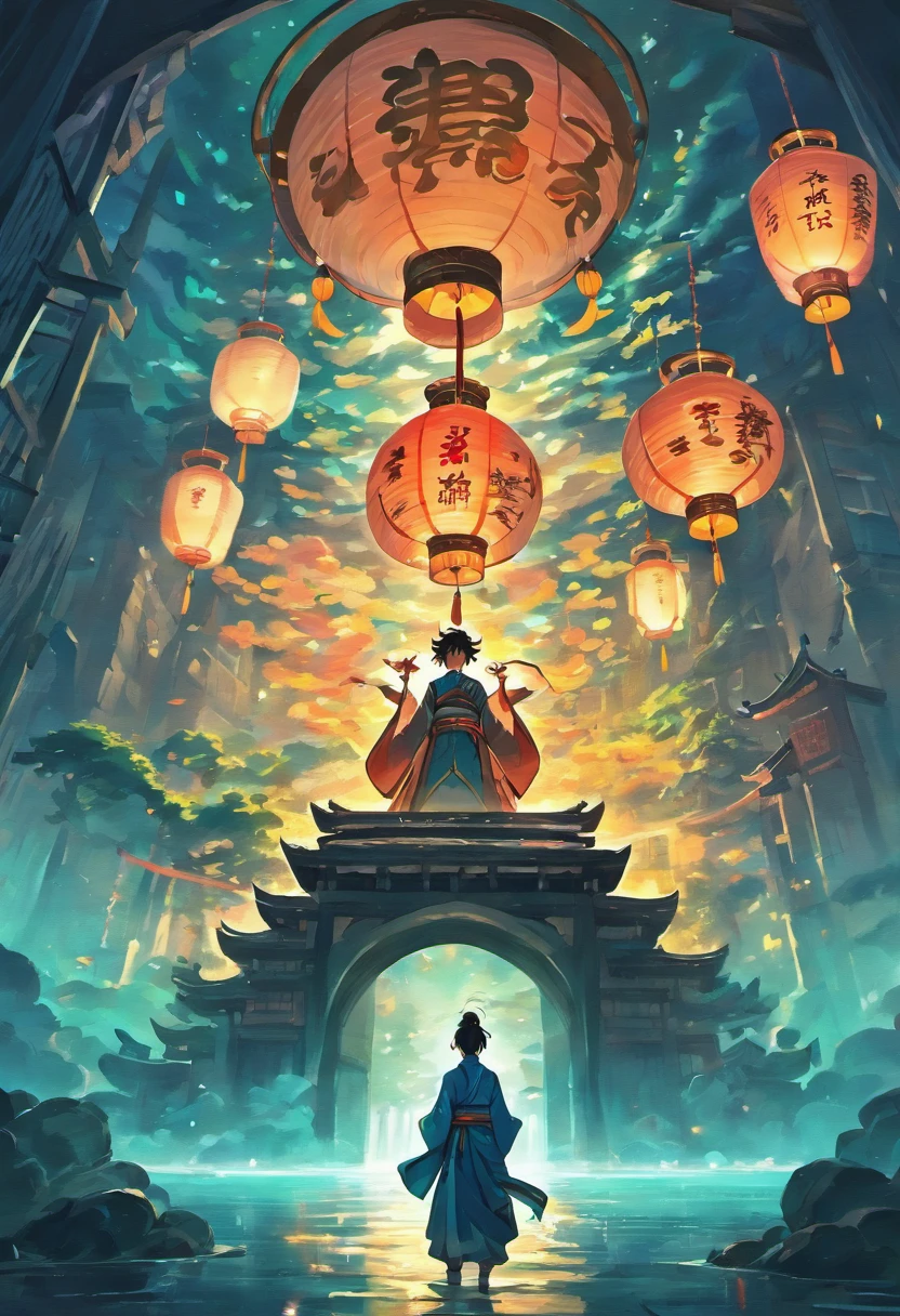 Floating lights, cinematic light and reflections, Glowing lights, Intermediate metaverse elements,Digital painting, glowing reflections, Pondering, Floating lanterns, calm evening, Digital illustration, beautiful ambiance, Sky lights at night, serene evening atmosphere, Floating lanterns, (Kongming Lantern), the night, themoon, game scenes, Ancient Chinese palaces are located above the clouds, surrounded by cloud, Homem-Imponente, glazed tiles, BUDDHA STATUE, gorgeous color, In the foreground are three arches((Color ink)), ( (Splash ink ) ), ((Splash ink) ink})),There is a background in the sky((chinesedragon)) tmasterpiece, high qulity, Beautiful graphics, Big fish begonia,high detal