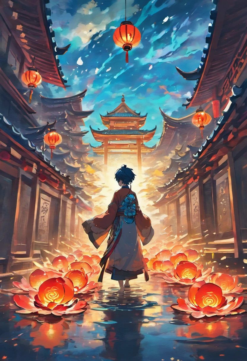 Floating lights, cinematic light and reflections, Glowing lights, Intermediate metaverse elements,Digital painting, glowing reflections, Pondering, Floating lanterns, calm evening, Digital illustration, beautiful ambiance, Sky lights at night, serene evening atmosphere, Floating lanterns, (Kongming Lantern), the night, themoon, game scenes, Ancient Chinese palaces are located above the clouds, surrounded by cloud, Homem-Imponente, glazed tiles, BUDDHA STATUE, gorgeous color, In the foreground are three arches((Color ink)), ( (Splash ink ) ), ((Splash ink) ink})),There is a background in the sky((chinesedragon)) tmasterpiece, high qulity, Beautiful graphics, Big fish begonia,high detal